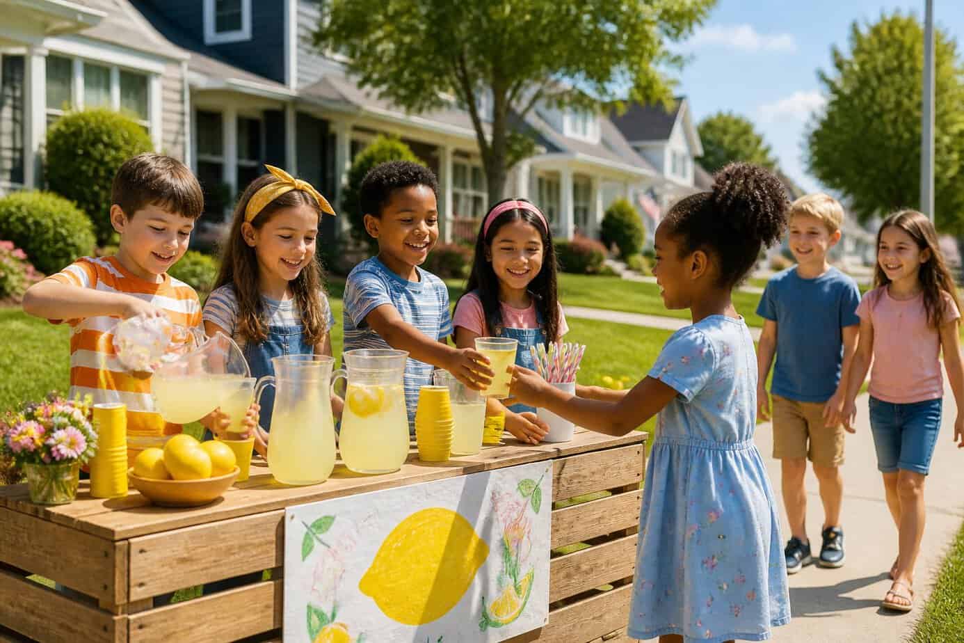 Children running a lemonade stand on a sunny neighborhood sidewalk, serving lemonade to neighbors.