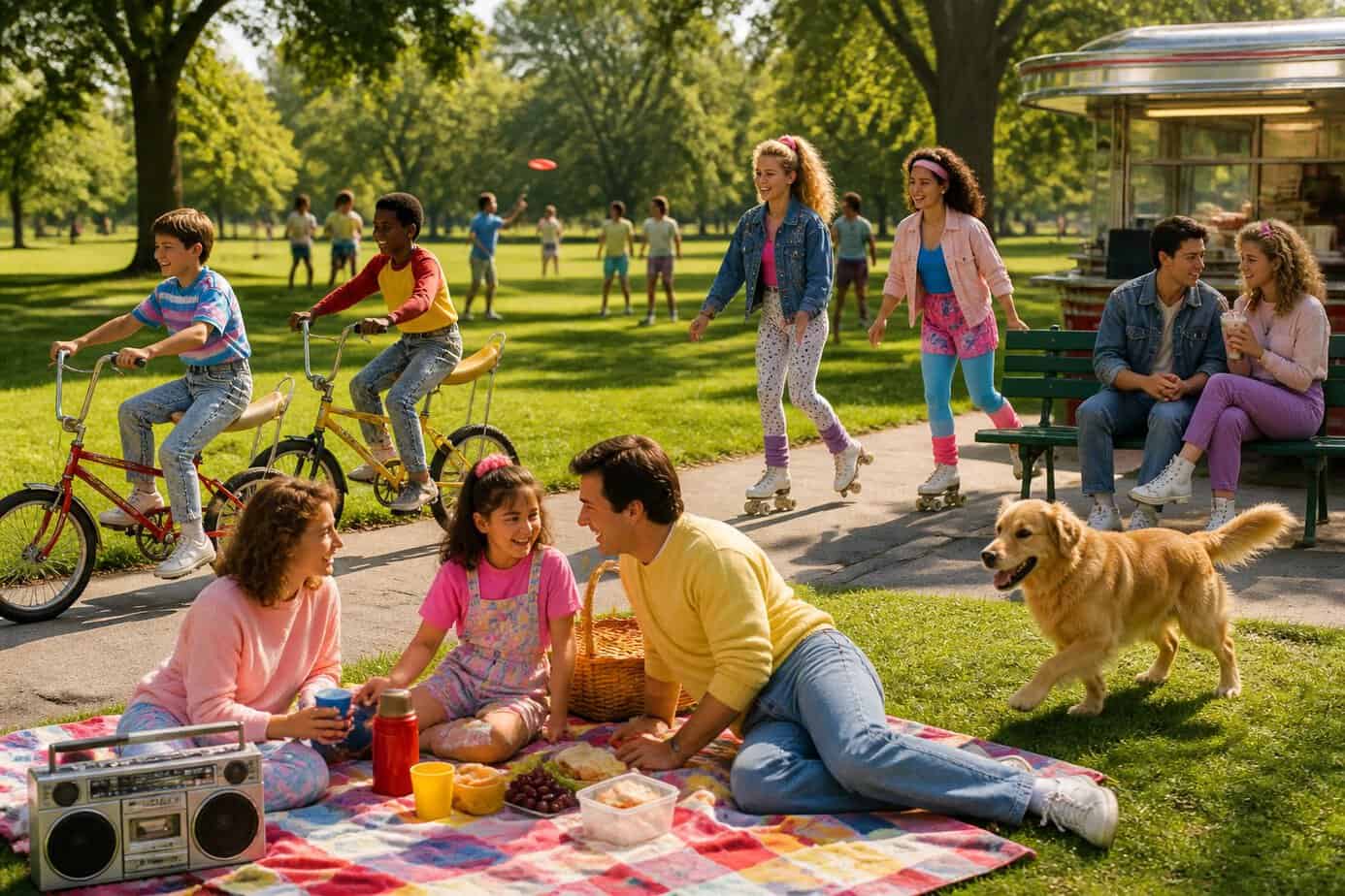 People enjoying a sunny weekend in a park with children biking, teenagers roller skating, a family picnic, and friends playing frisbee.