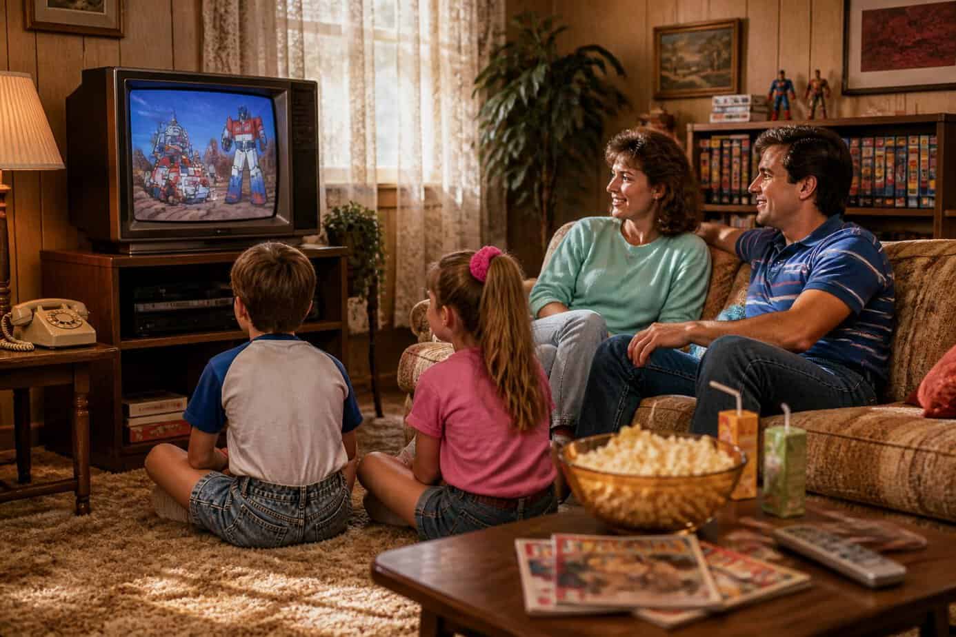 A family of four sitting together on a sofa watching cartoons on a vintage television in a cozy living room.