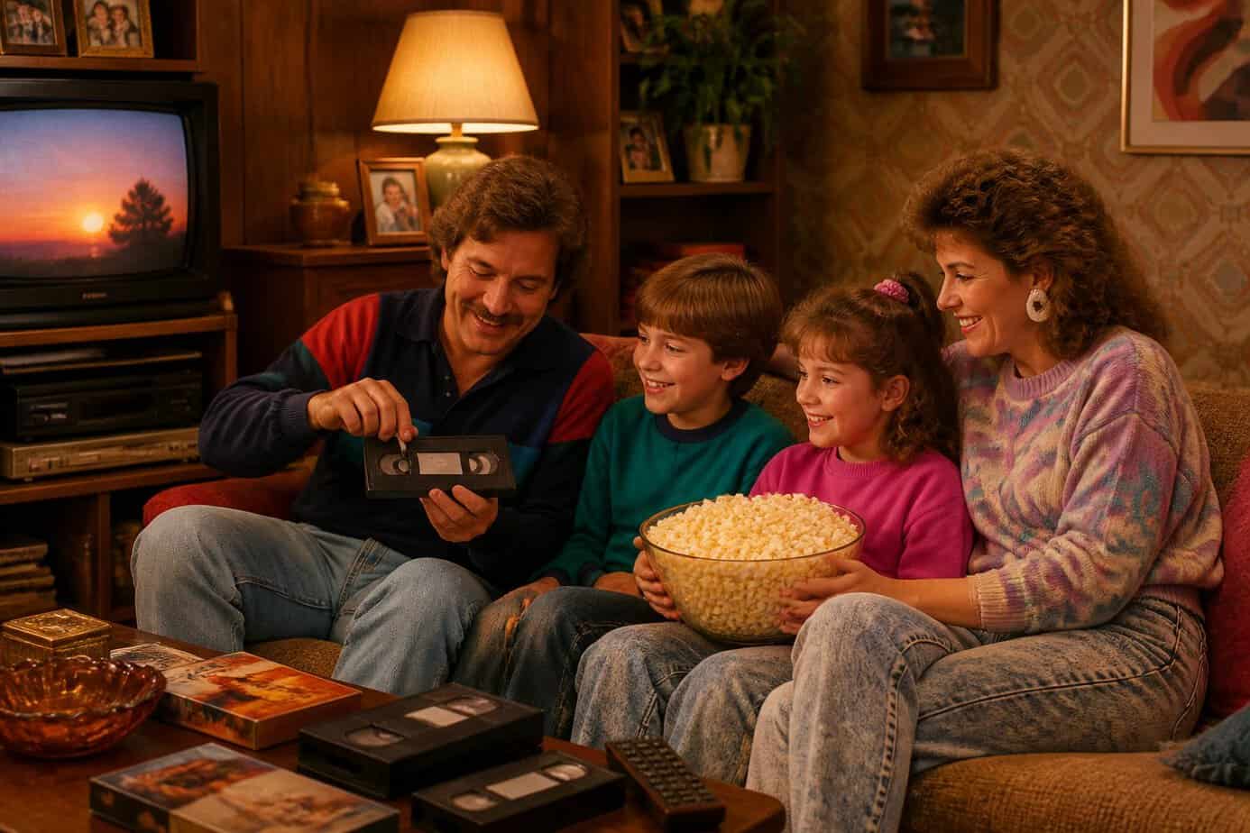 A family of four in an 1980s living room enjoying a VHS movie night with popcorn while the father rewinds a VHS tape.