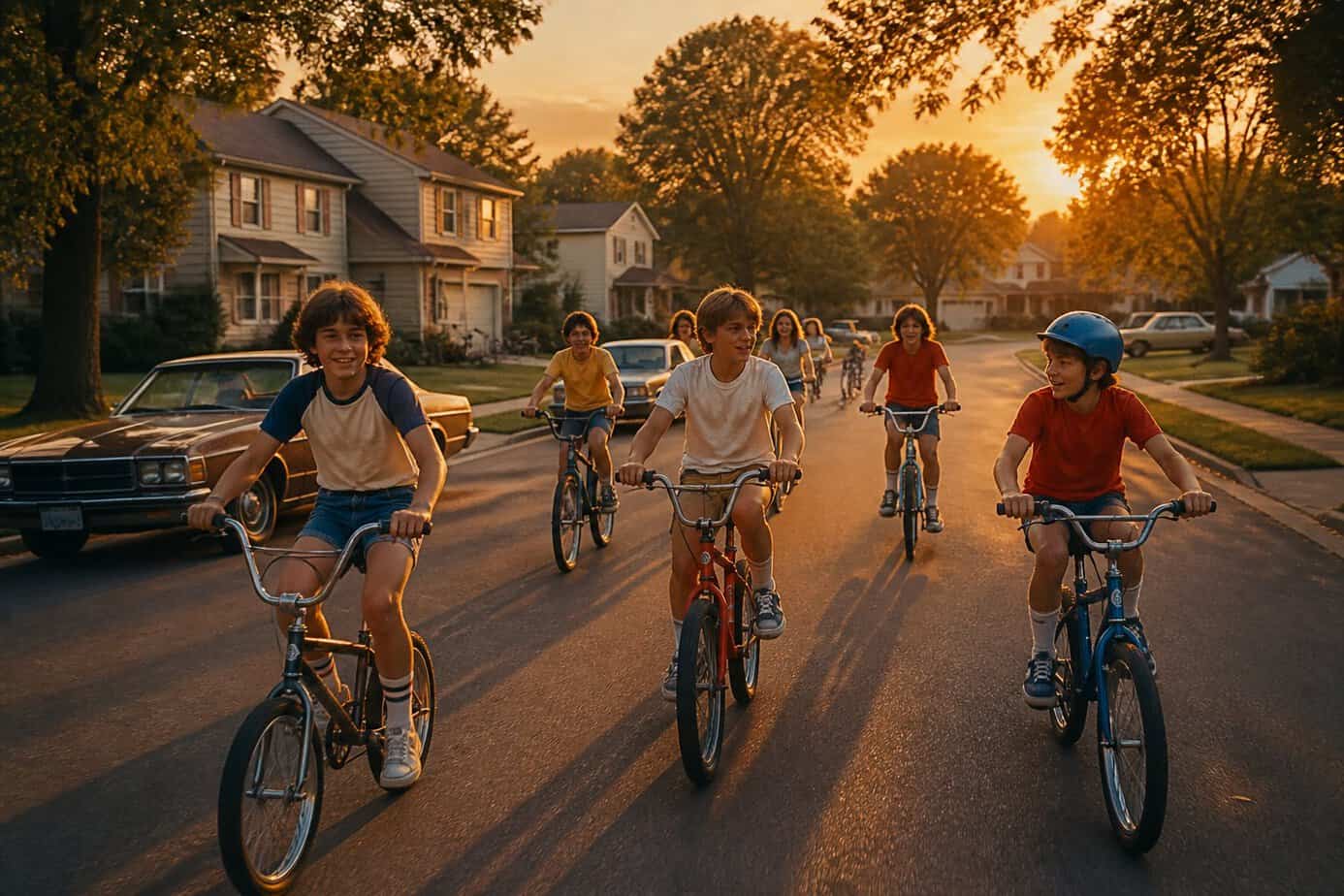 Children riding bicycles together on a suburban street at dusk with houses and trees in the background.