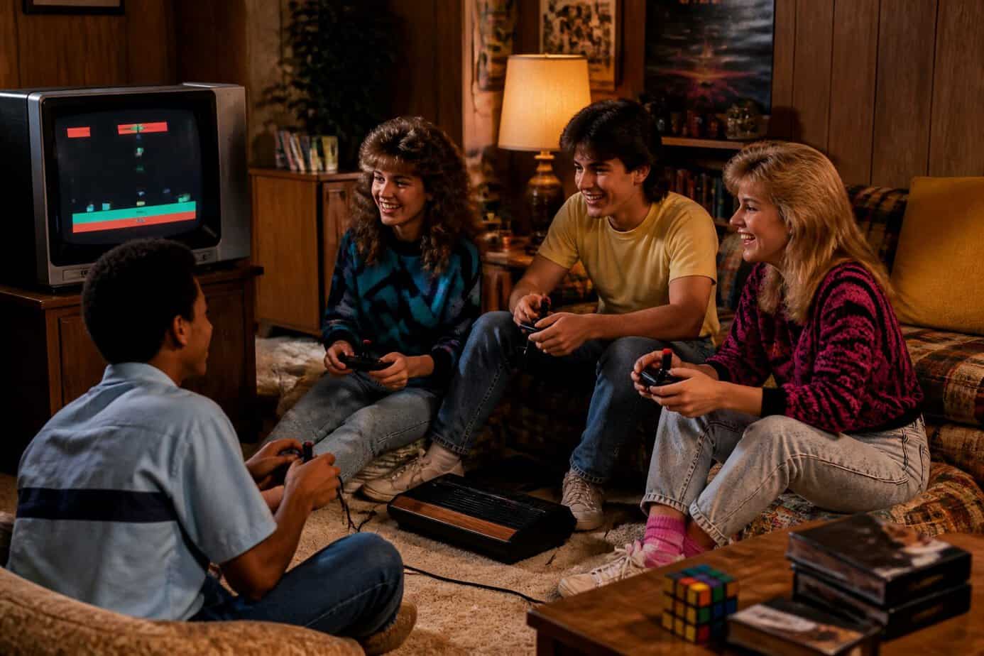 A group of friends playing Atari 2600 together in a 1980s living room, smiling and enjoying the game.