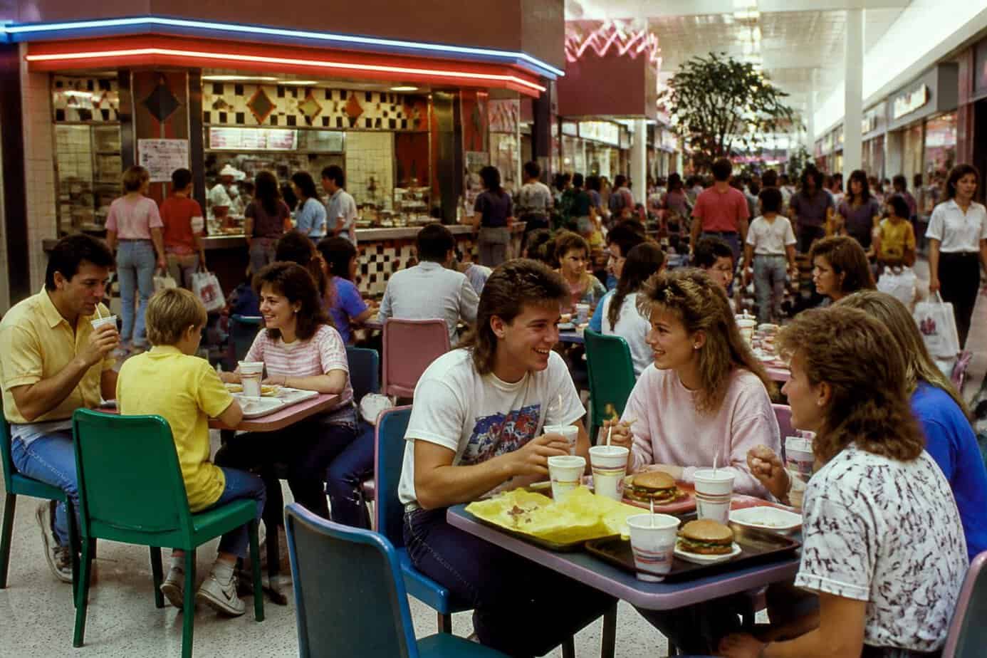 People enjoying meals and socializing in a busy mall food court filled with 1980s fashion and decor.