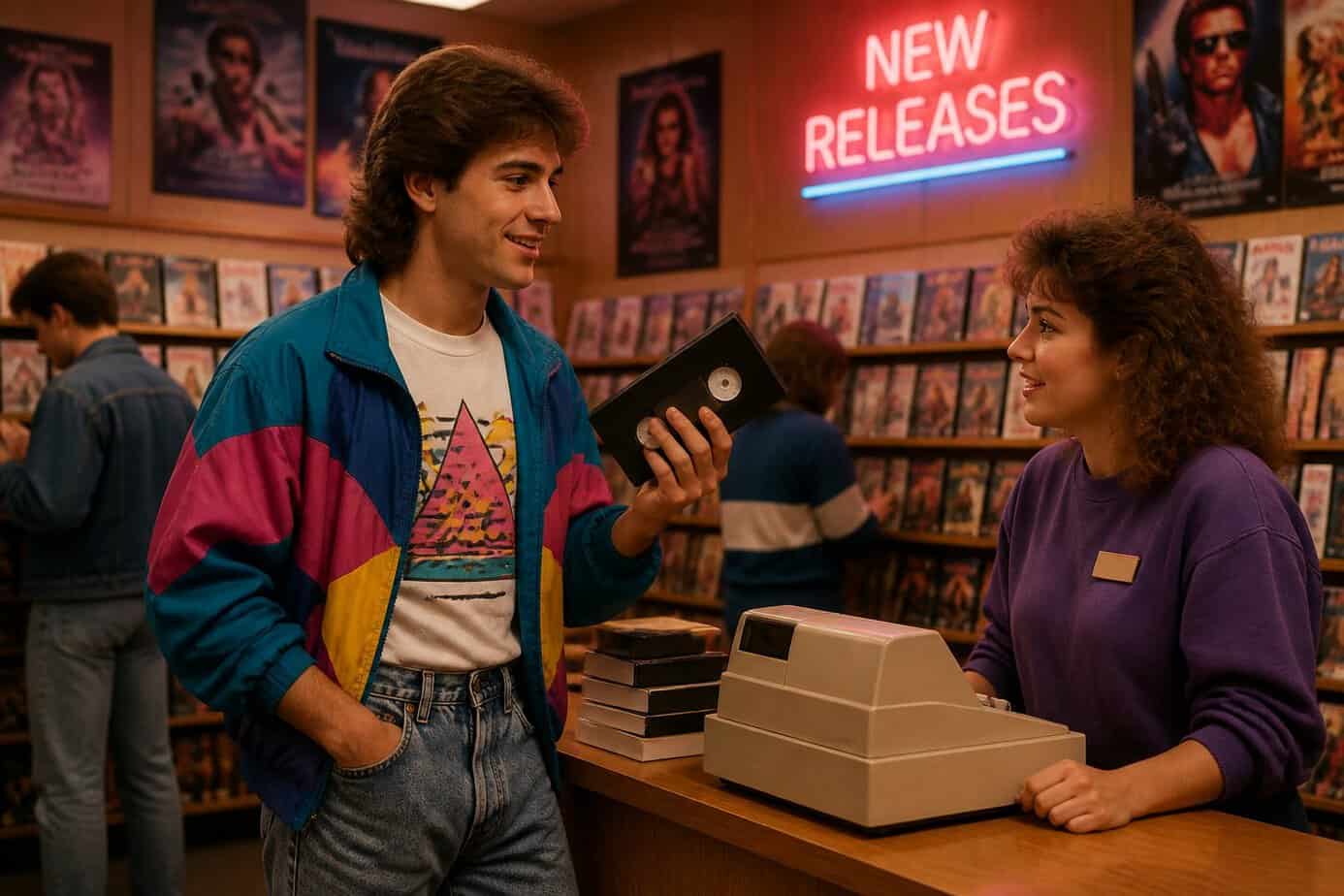 A young adult in 1980s clothing renting a new VHS tape inside a video store with shelves of tapes and movie posters around.