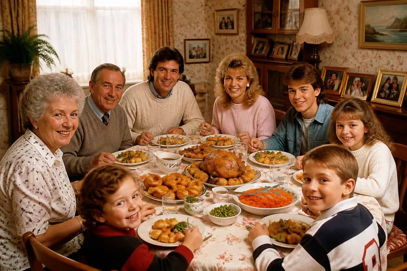 Extended family gathered around a dining table enjoying a Sunday roast dinner together.