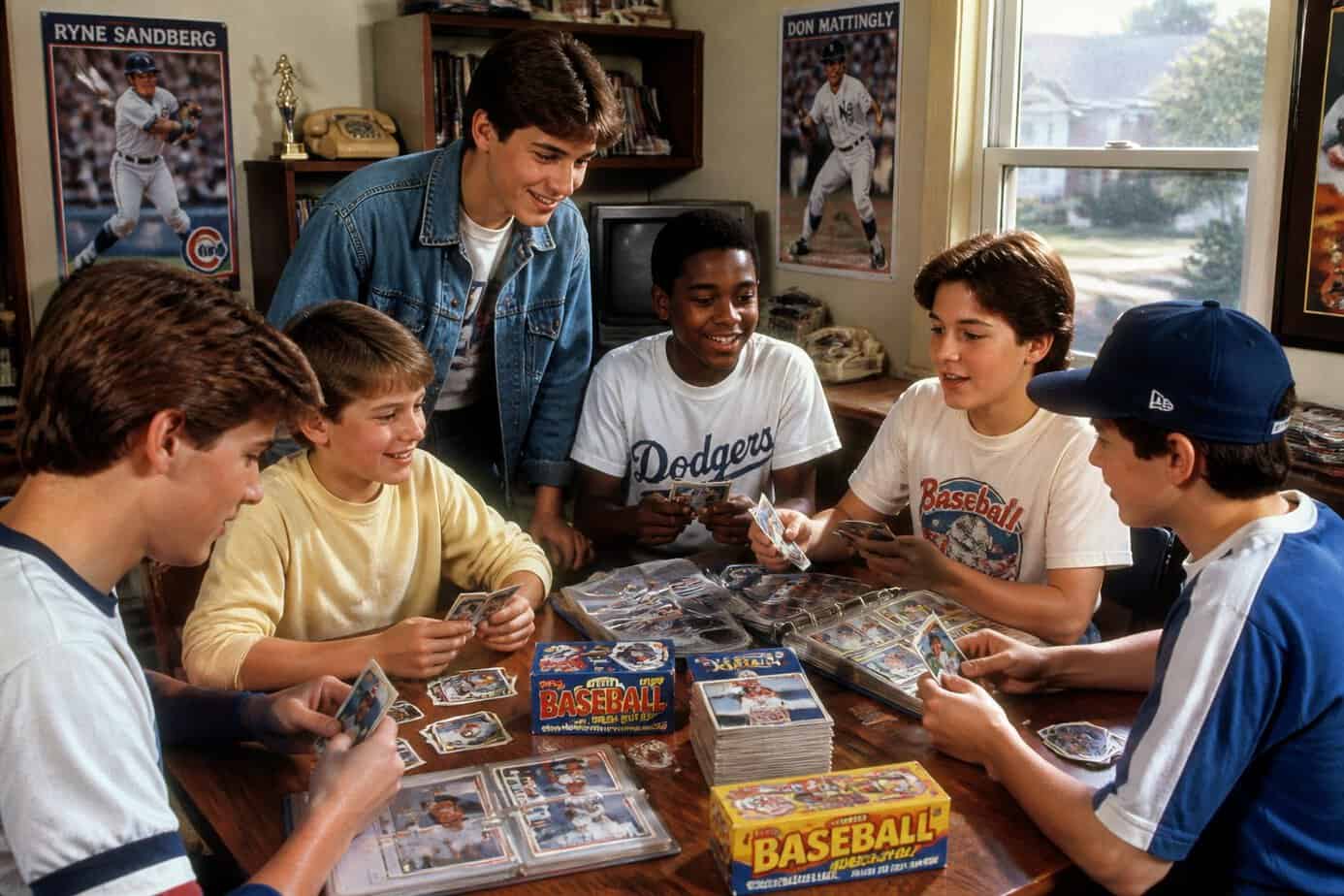 A group of kids trading baseball cards around a table indoors, smiling and interacting with each other.