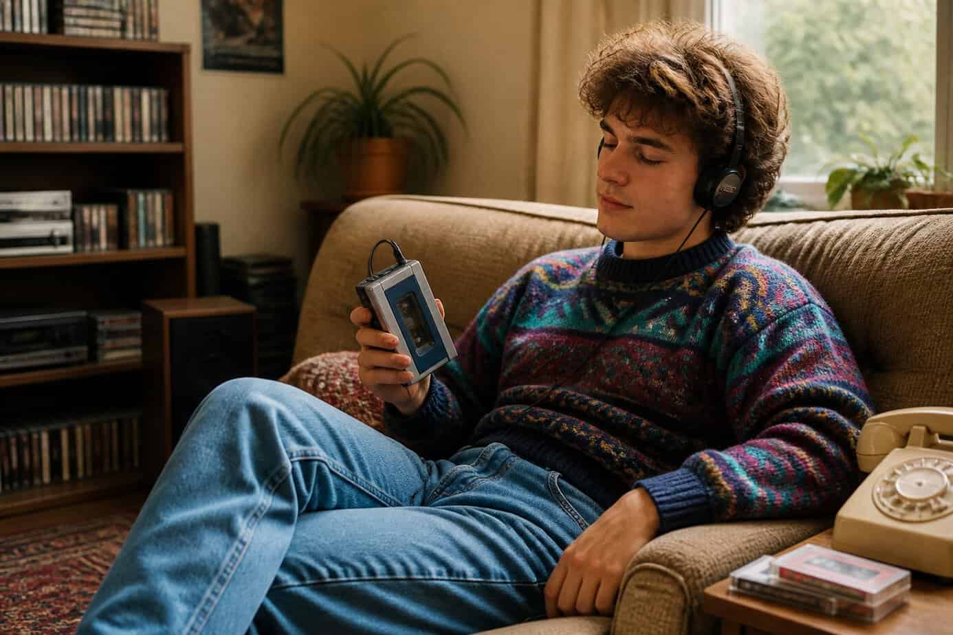Person sitting on a couch listening to music on a Sony Walkman with wired headphones in a cozy living room.