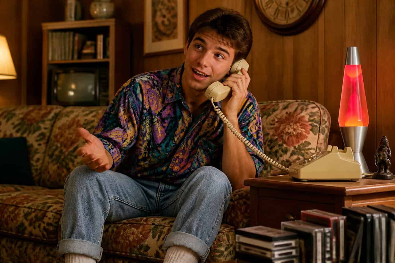 A young person sitting on a couch talking on a beige corded landline phone in a 1980s living room with vintage decor.