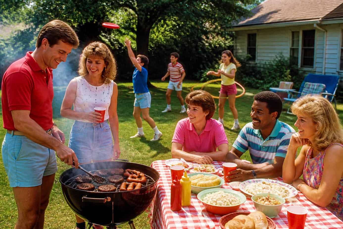 People enjoying a sunny backyard barbecue with a grill, picnic table, and children playing nearby.
