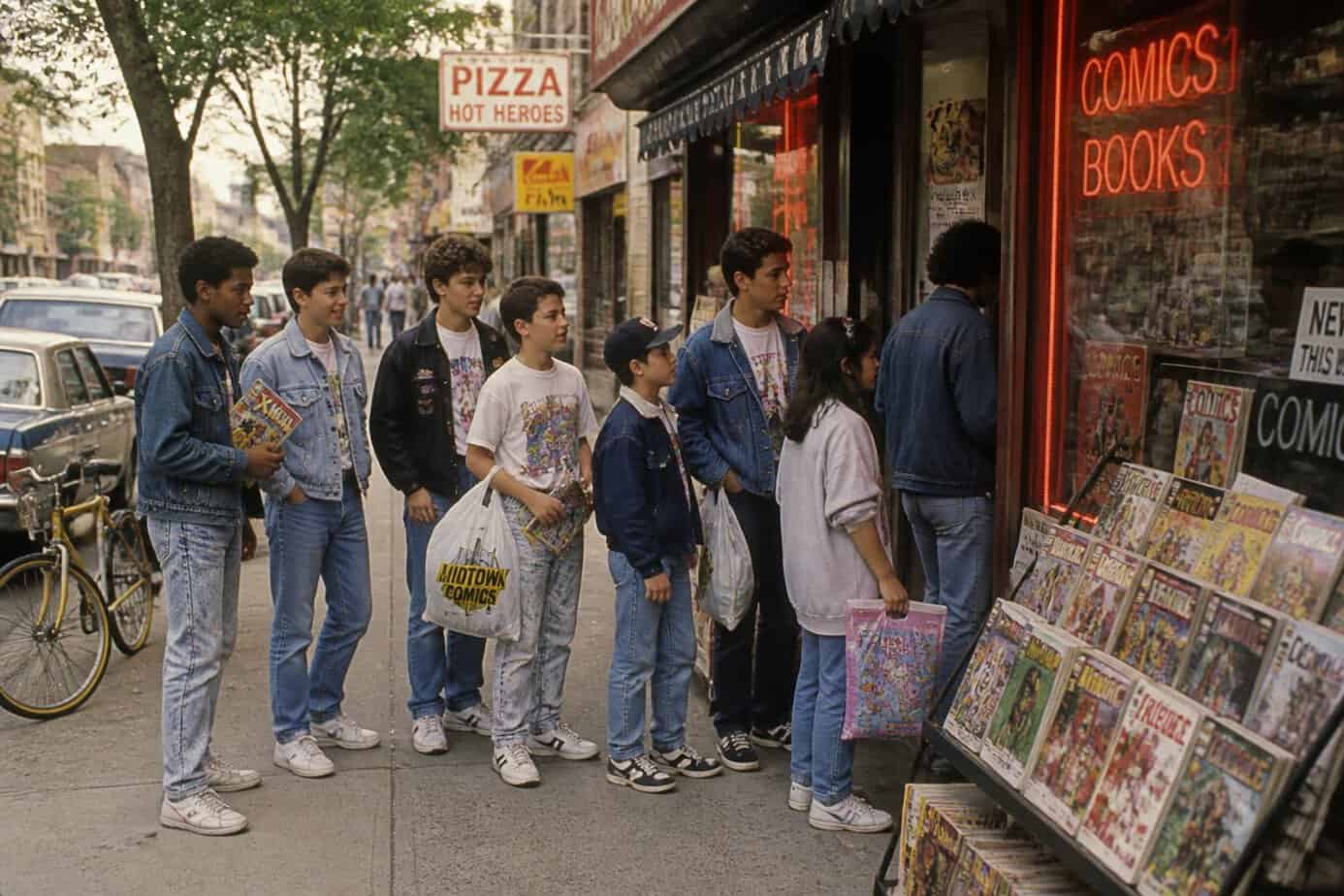 A group of young people waiting outside a corner store with comic books on a sunny day.