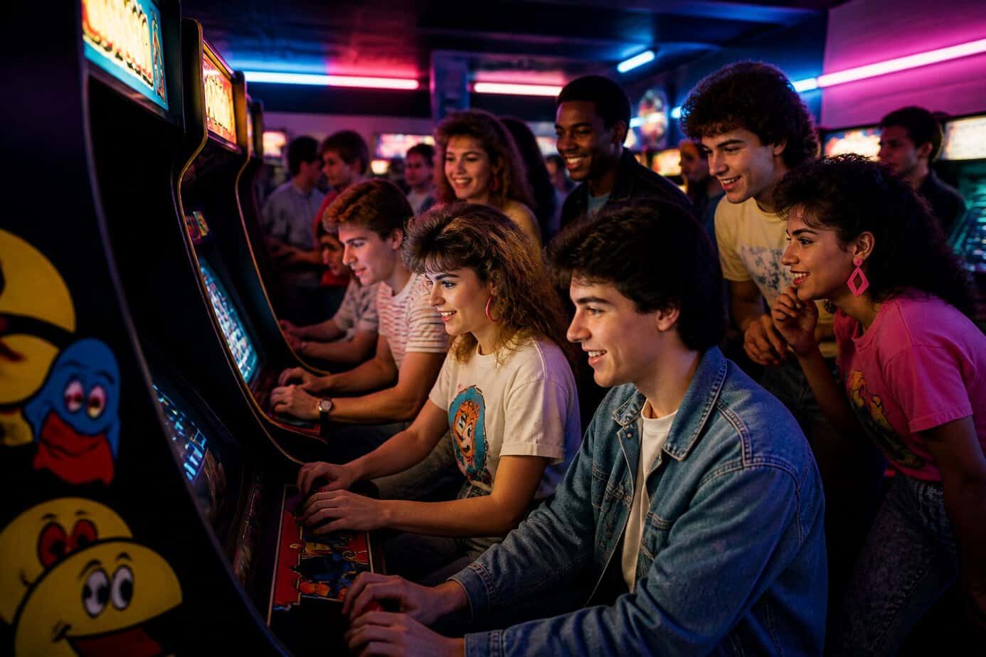 A group of young people playing Pac-Man and Space Invaders arcade games in a neon-lit arcade.