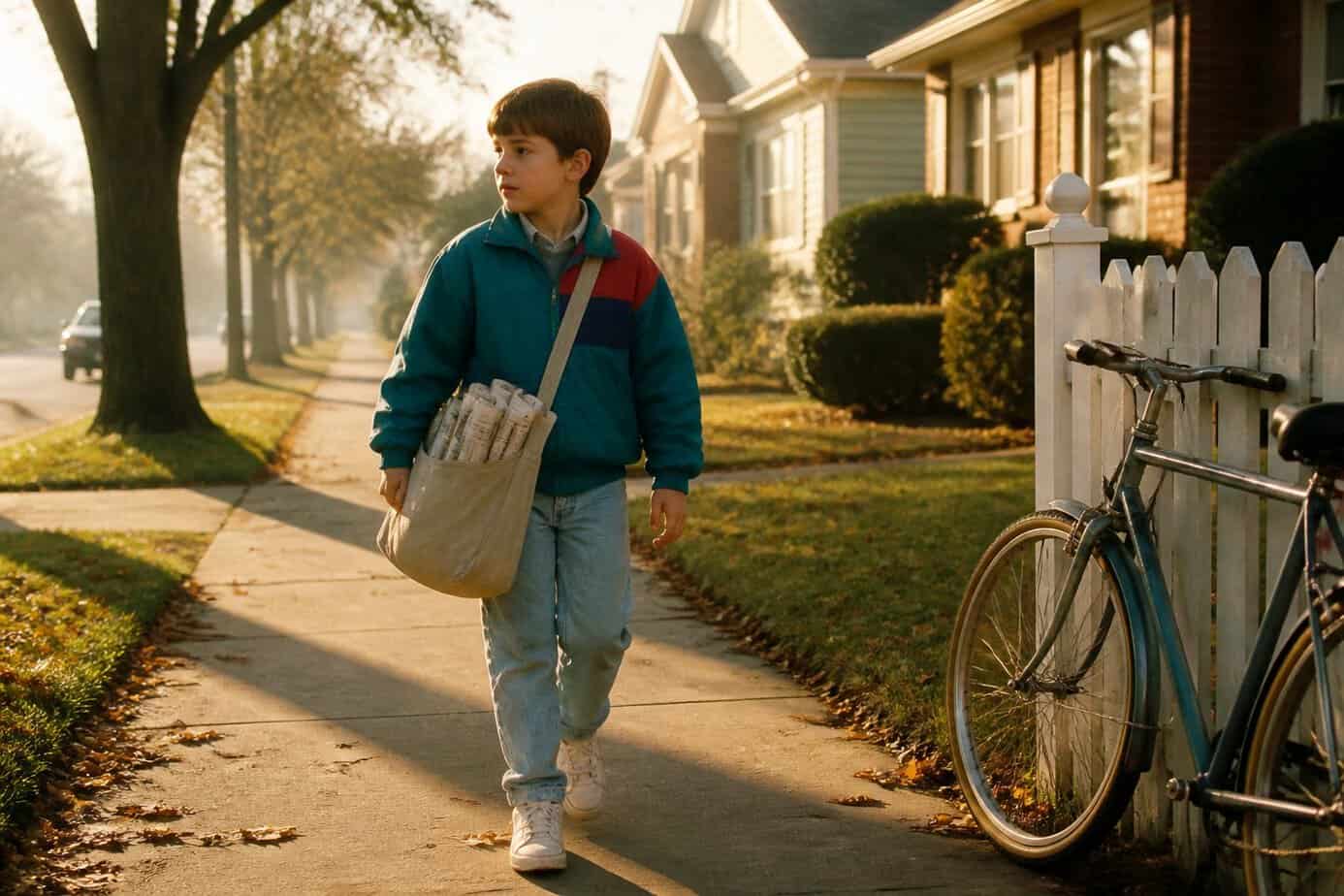 A young boy carrying a newspaper bag walks along a suburban sidewalk on a Saturday morning.