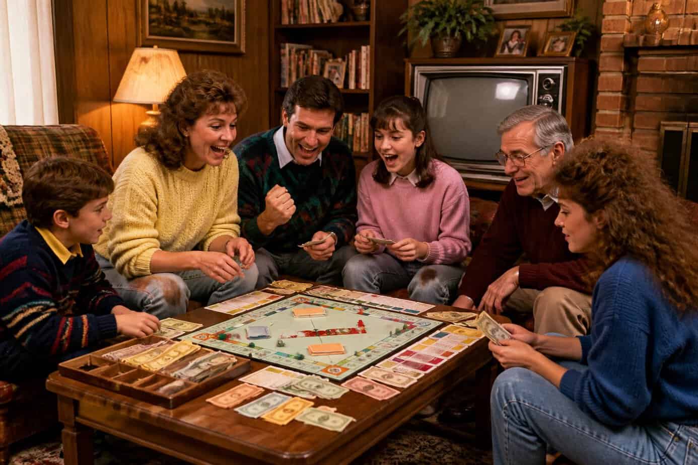 A family of several generations playing Monopoly around a coffee table in a cozy 1980s living room, showing excitement and playful tension.