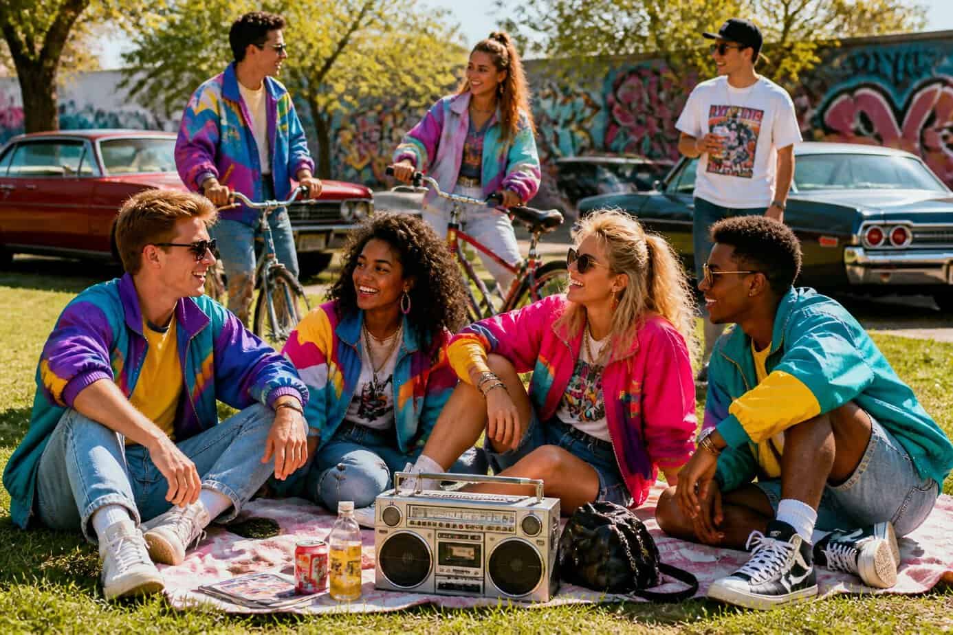 A group of young adults wearing neon windbreakers and high-top sneakers enjoying a sunny day in a park with vintage cars and graffiti in the background.
