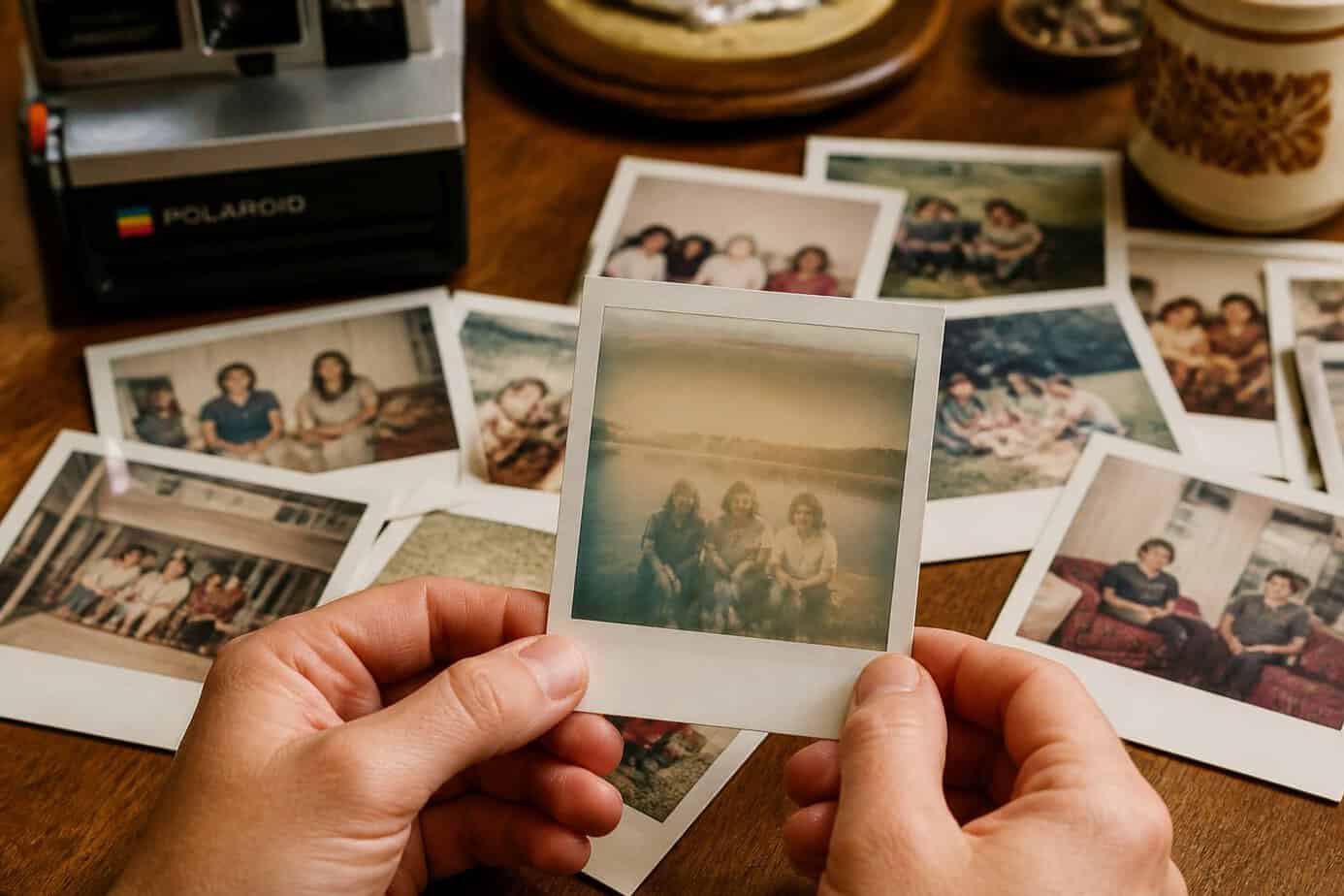 Hands holding a developing Polaroid photo with several other instant photos scattered on a wooden table.
