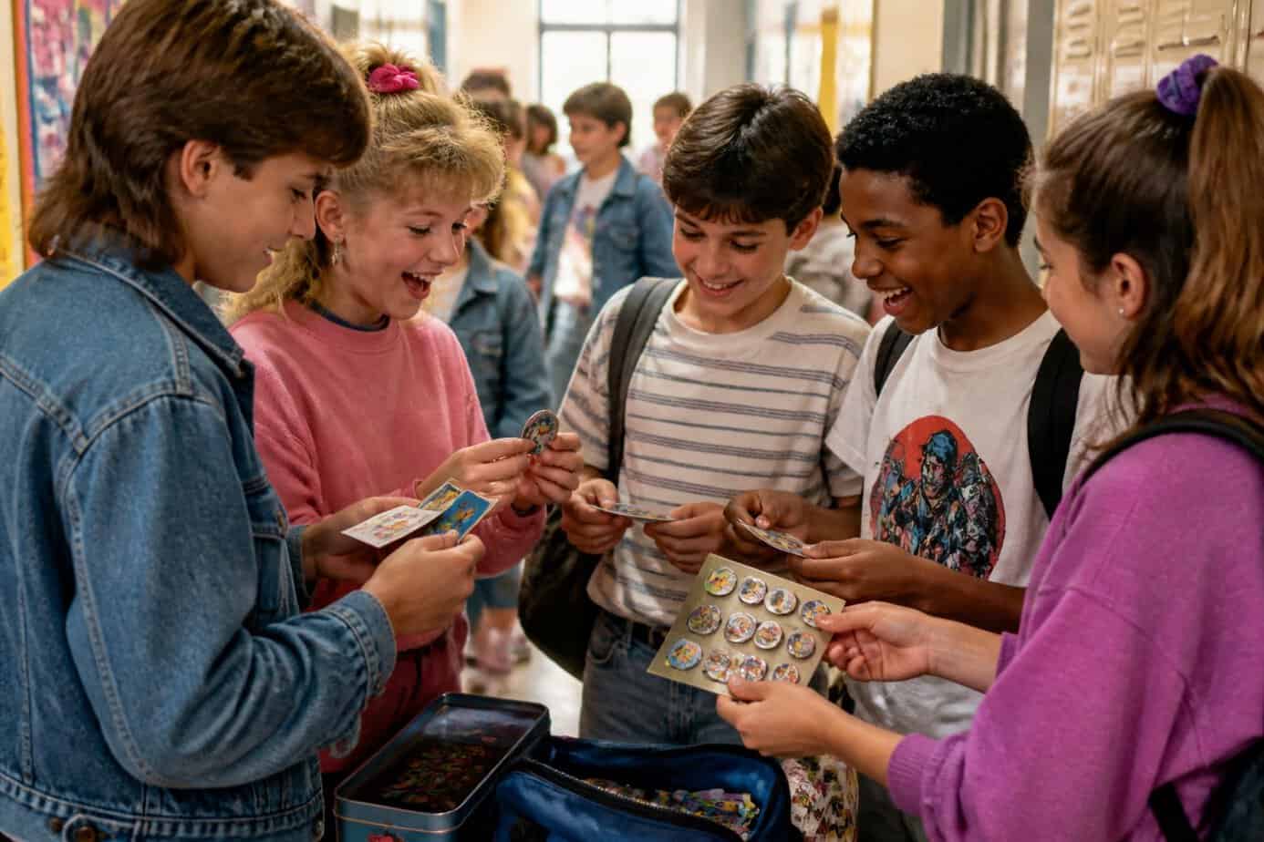 A group of school children trading colorful stickers and pins in a school hallway, smiling and interacting with each other.