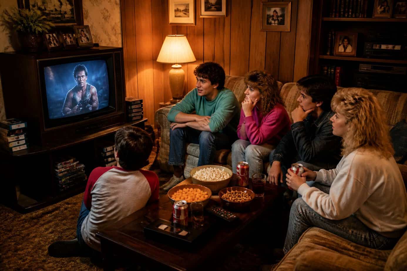 People sitting in a 1980s living room watching a movie trailer on a TV connected to a VCR player.