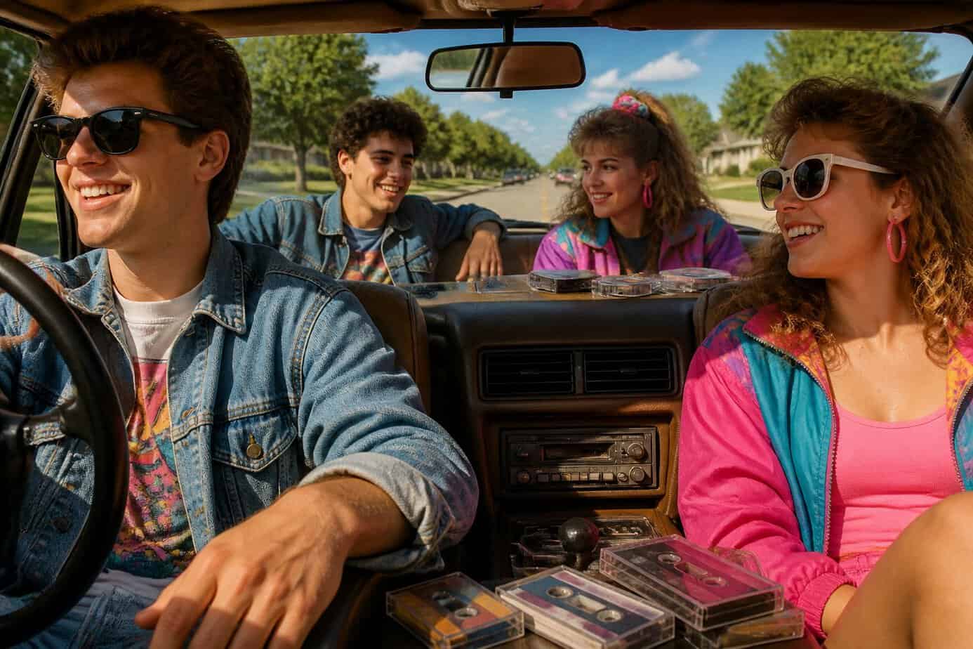 A group of friends riding in a vintage car on their way to a roller rink, enjoying music from cassette tapes on a sunny day.