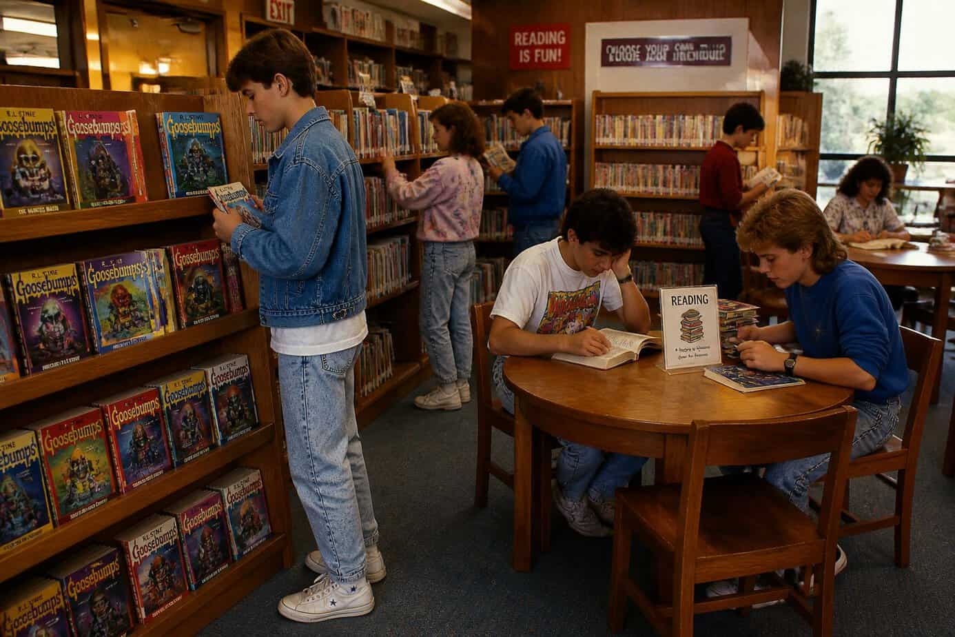Children and teenagers browsing and reading books in a cozy 1980s library.