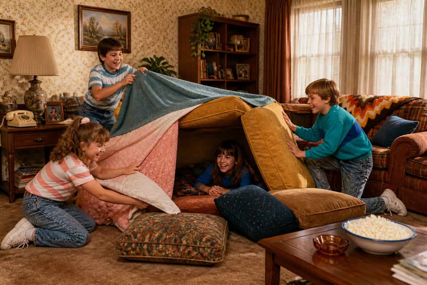 Children building a blanket and couch cushion fort in a cozy 1980s living room.