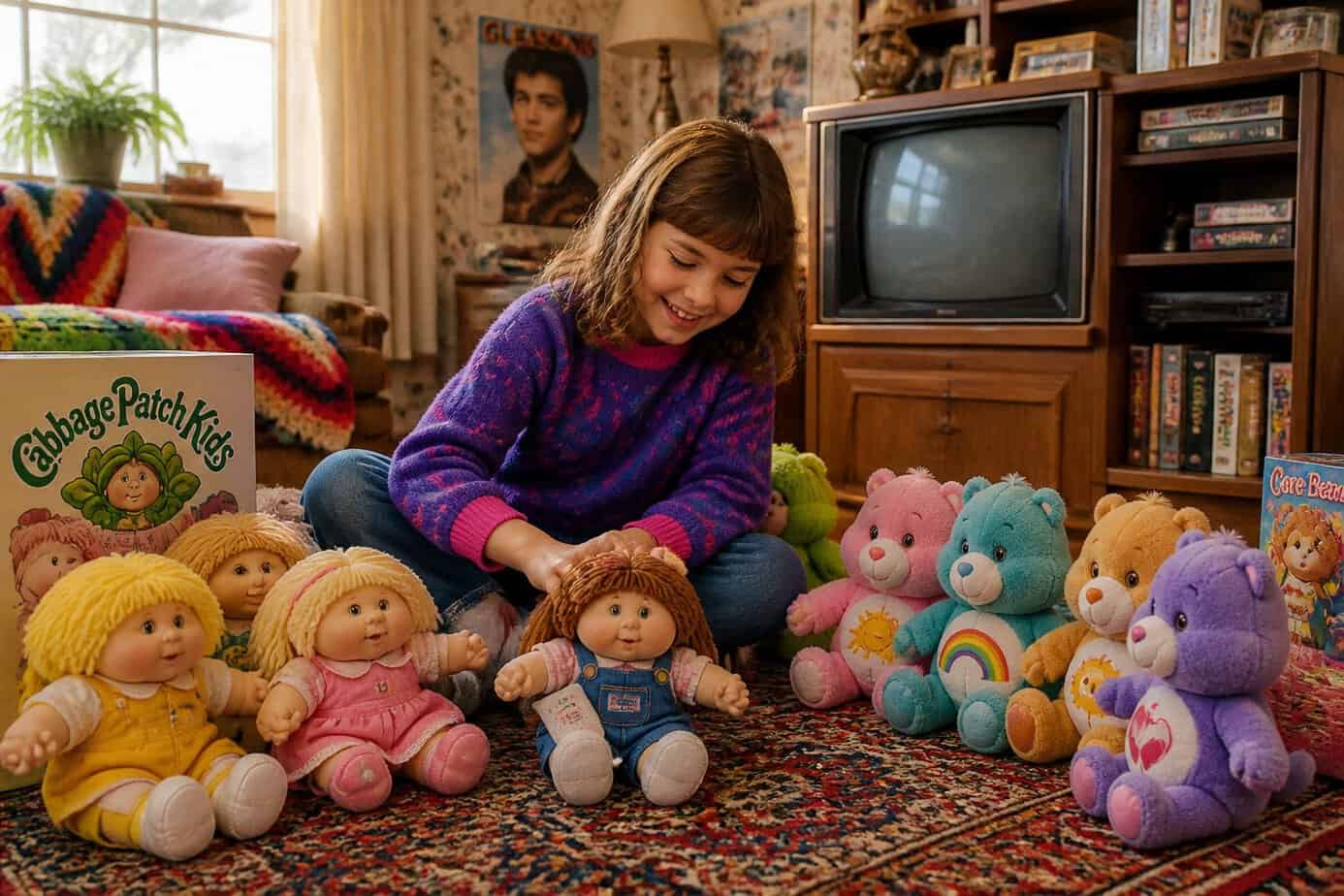 A child playing with Cabbage Patch Kids dolls and Care Bears plush toys in a cozy living room.