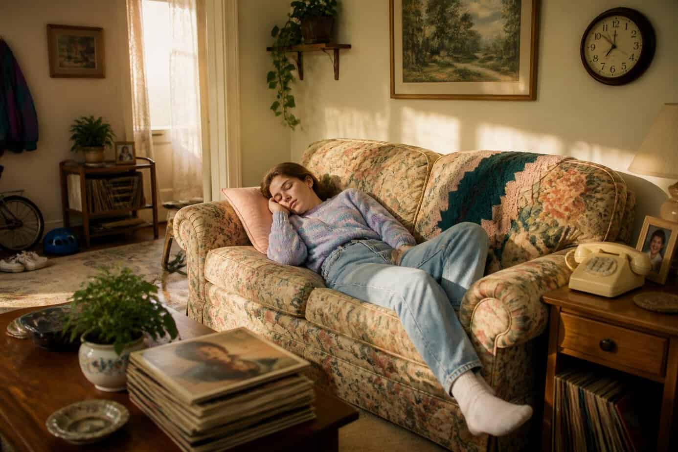 A person peacefully napping on a floral couch in a sunlit living room with 1980s decor and casual clothing.
