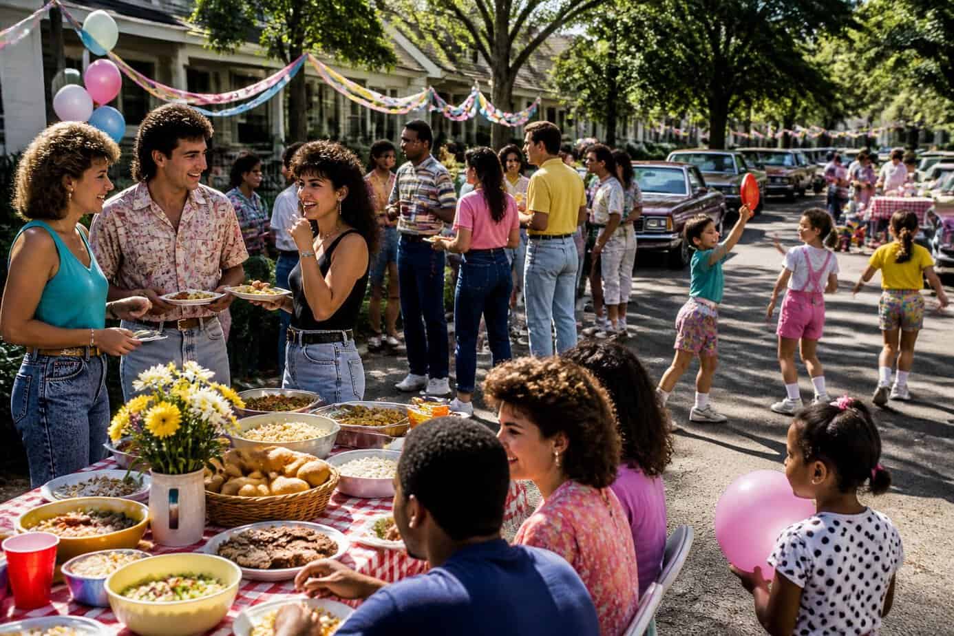 A neighborhood block party in the 1980s with people of all ages enjoying food and games outdoors on a sunny day.
