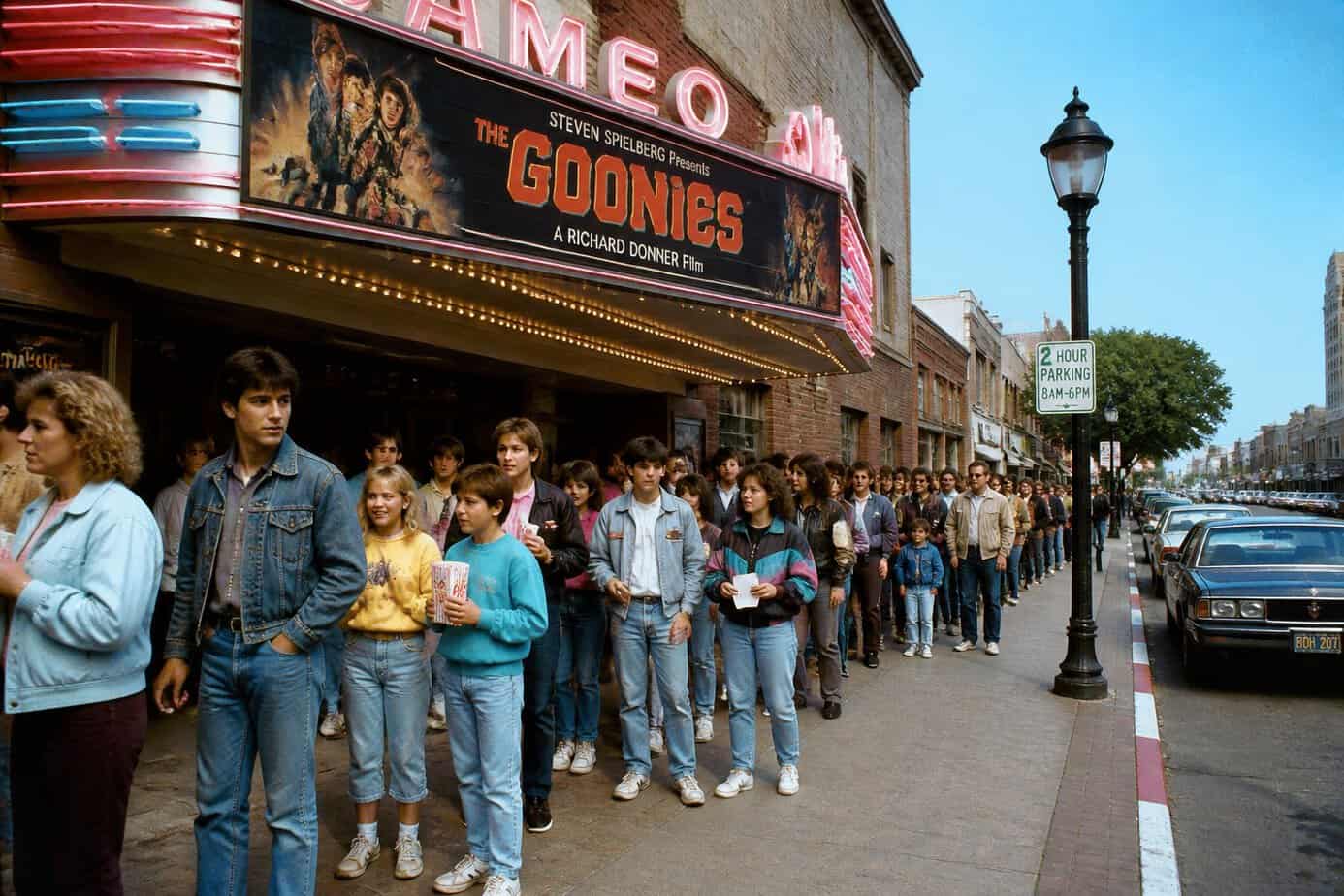 People waiting in line outside a local cinema for a movie premiere in the 1980s.