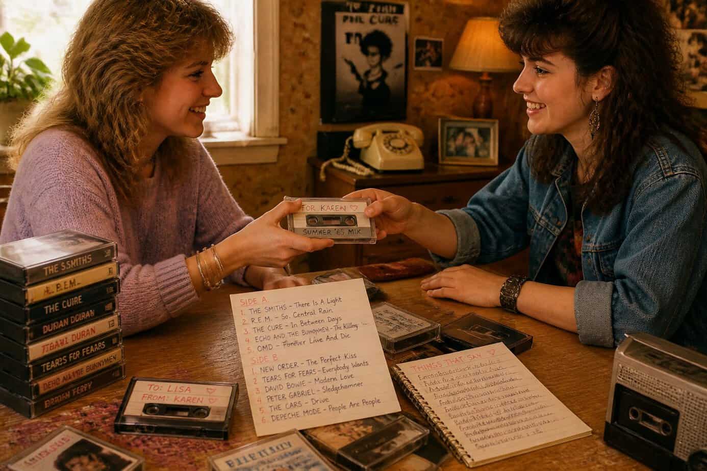 Two friends sitting at a table exchanging cassette tapes with handwritten notes in a cozy room.