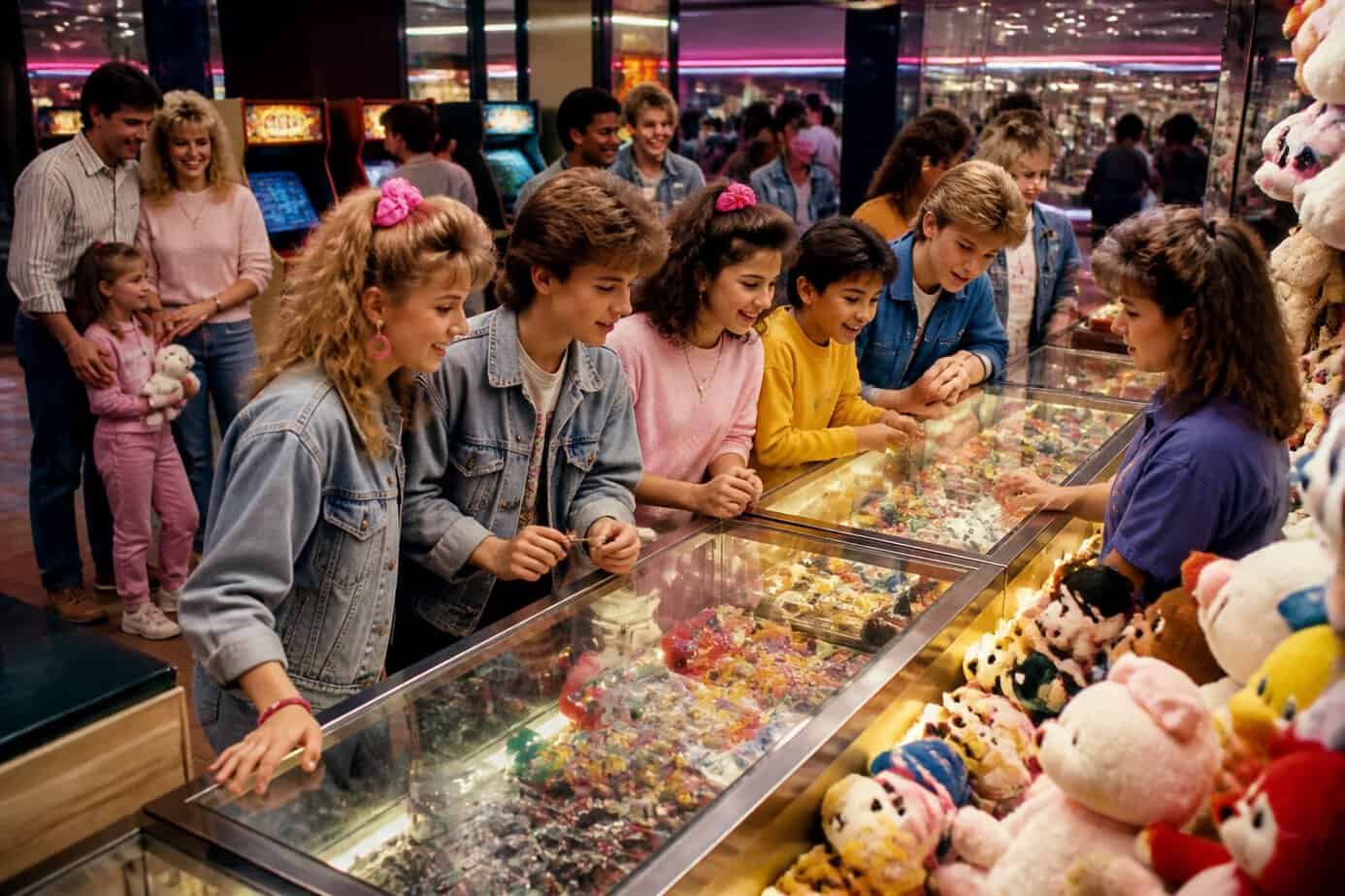 Children and teenagers excitedly choosing prizes at a mall arcade prize counter during a busy weekend, surrounded by arcade machines and families.