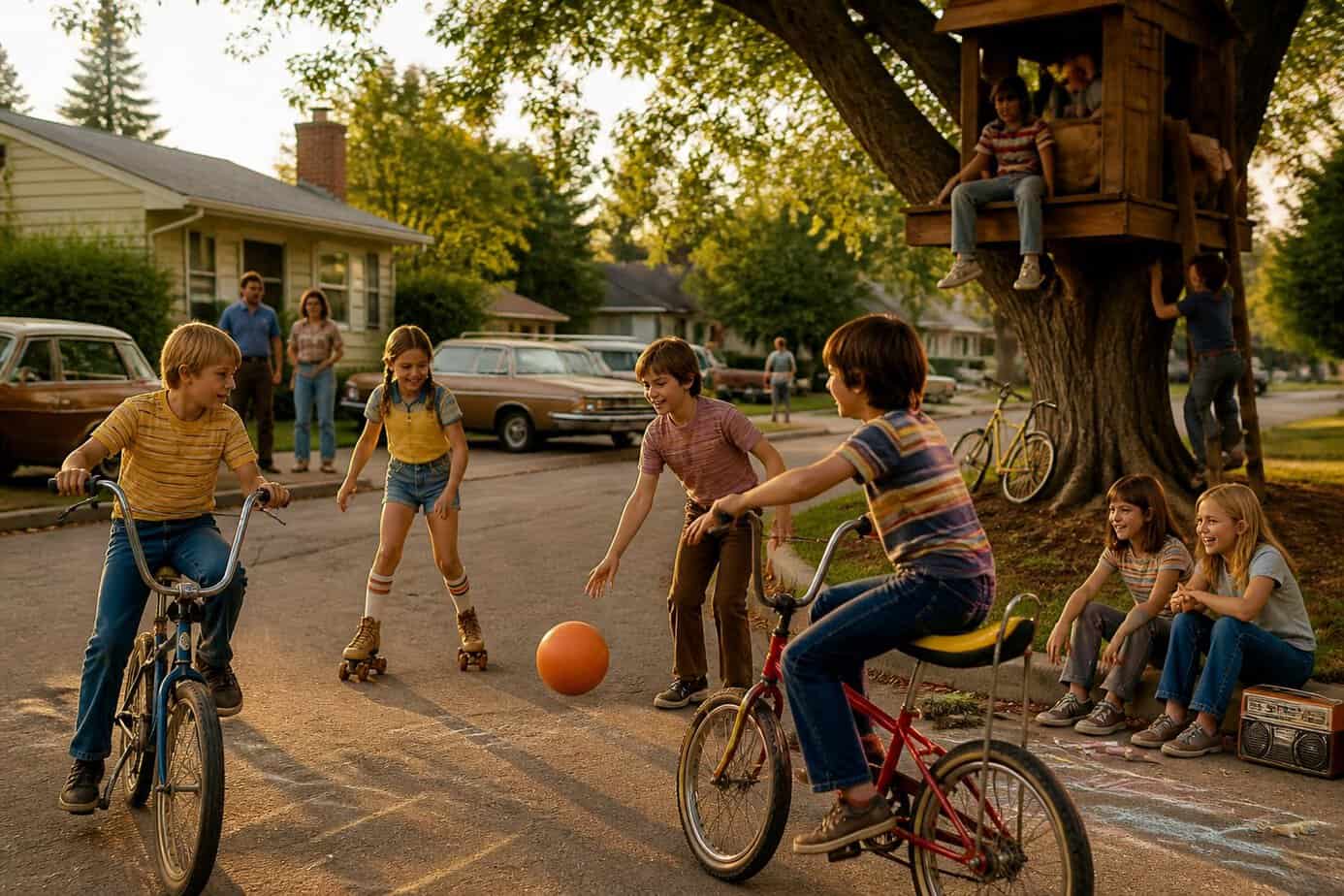 Children ride bicycles and play together in a sunny 1970s suburban neighborhood.