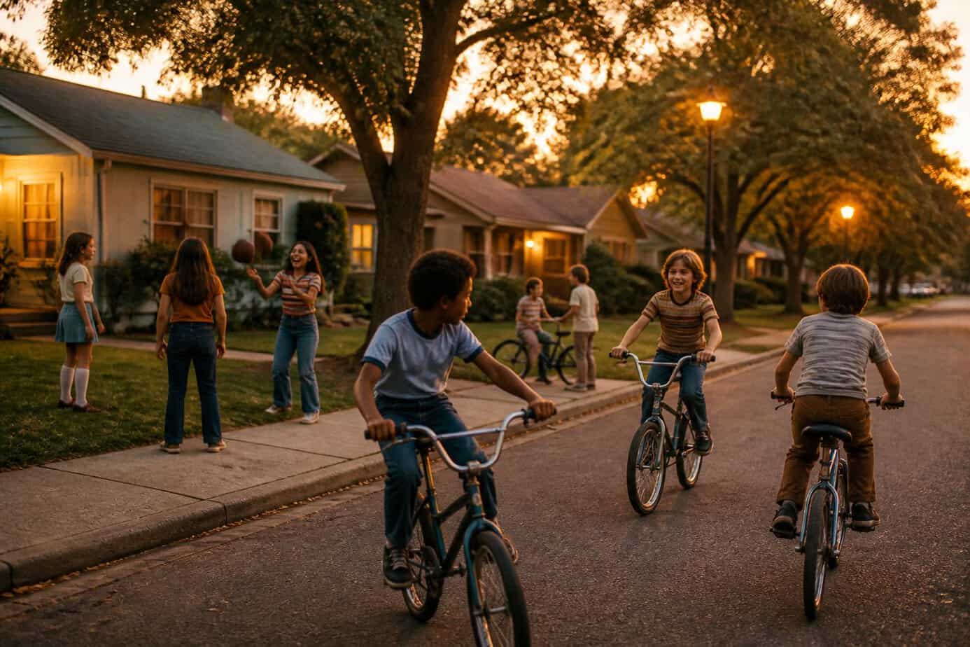 Children ride bicycles and play together on a suburban street at dusk as the streetlights begin to glow.