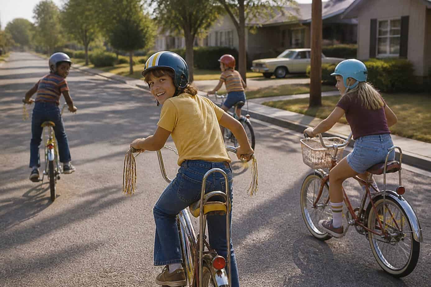 Children ride vintage bicycles together along a quiet suburban neighborhood street.