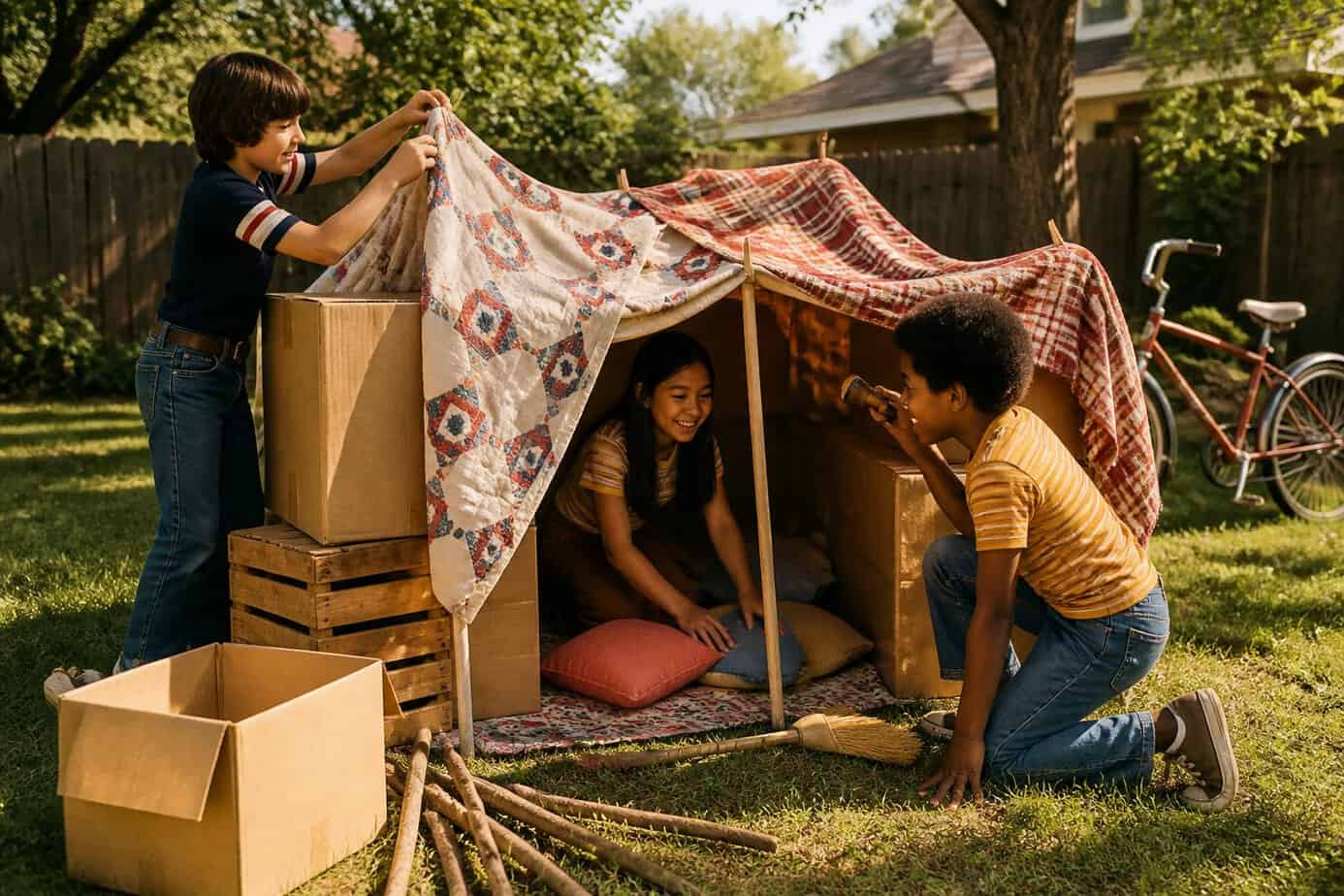 Children build a blanket fort from boxes and backyard materials in a sunny yard.