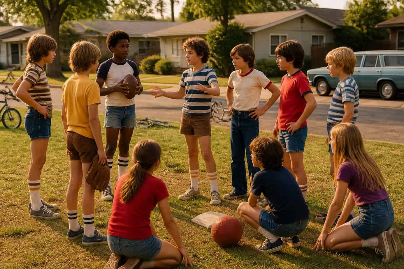 Children organize a casual pickup game with baseball, kickball, and touch football on a sunny neighborhood lawn.