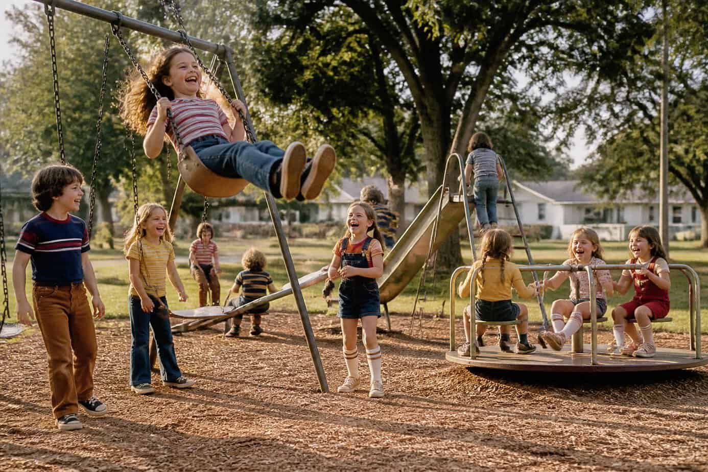 Children play together on a neighborhood playground with swings, a slide, and a merry-go-round.