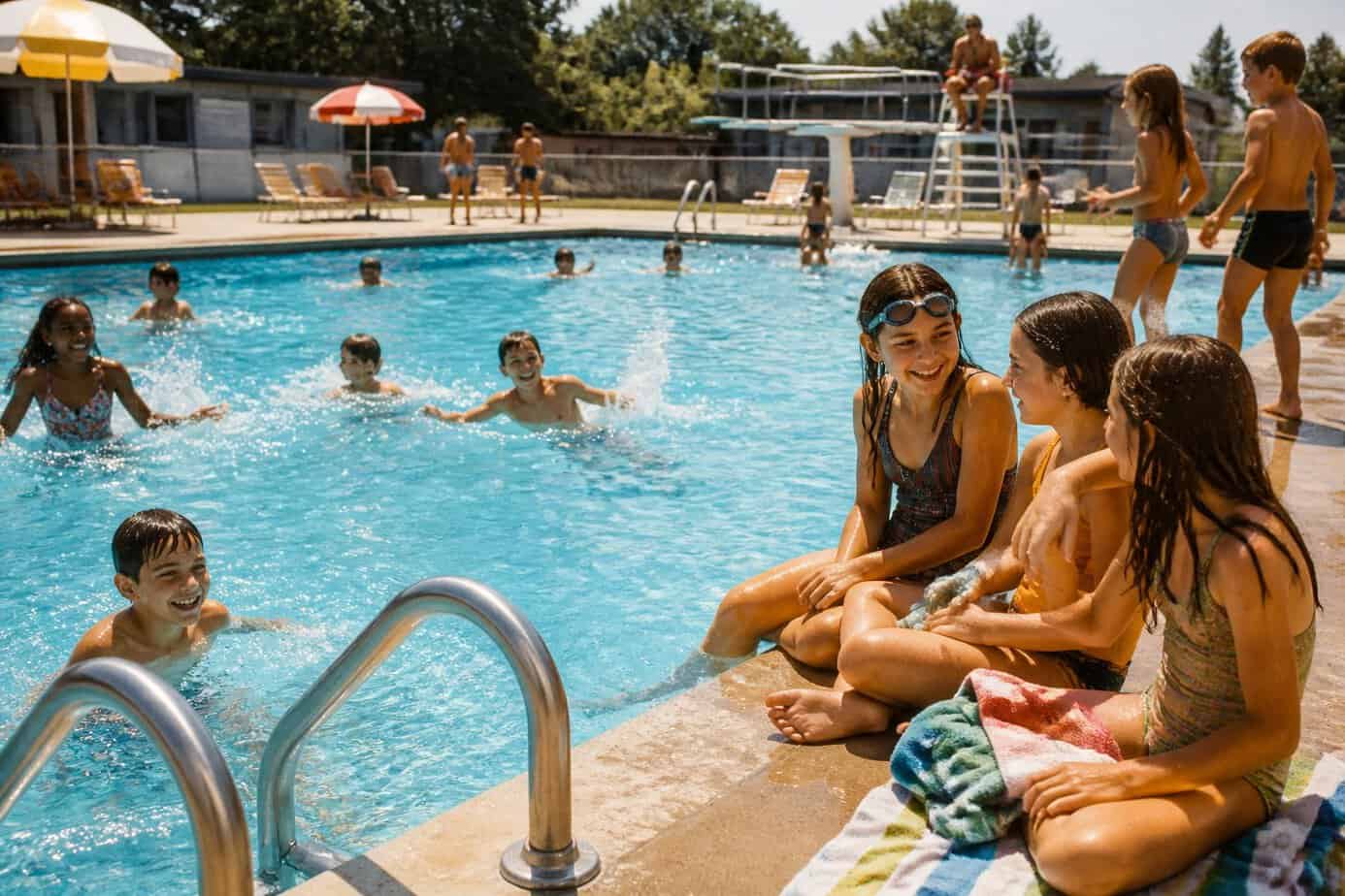 Children play and swim together at a sunny public pool while friends relax along the pool deck.