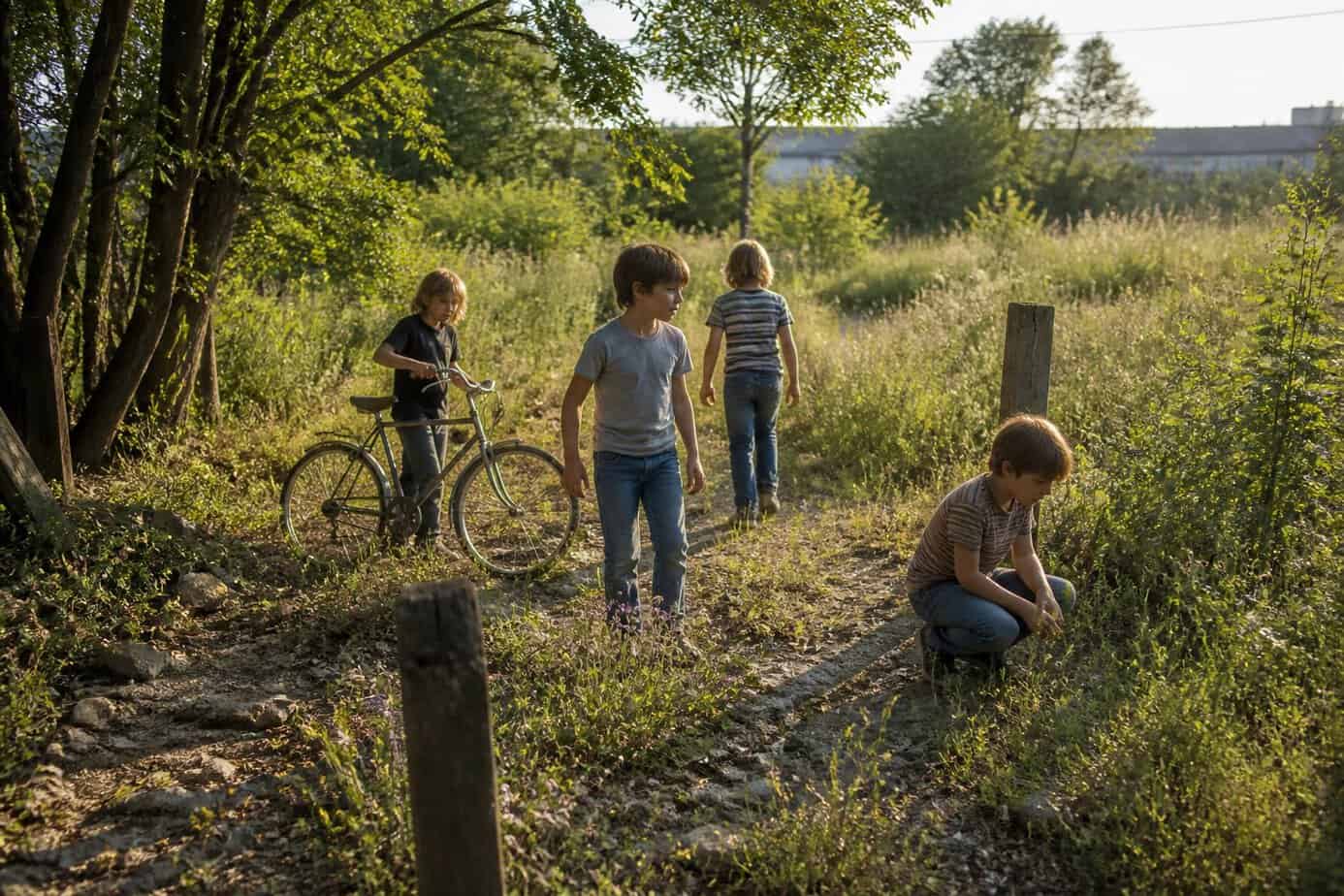 Children explore a wooded area, grassy field, and overgrown vacant lot with a bicycle.