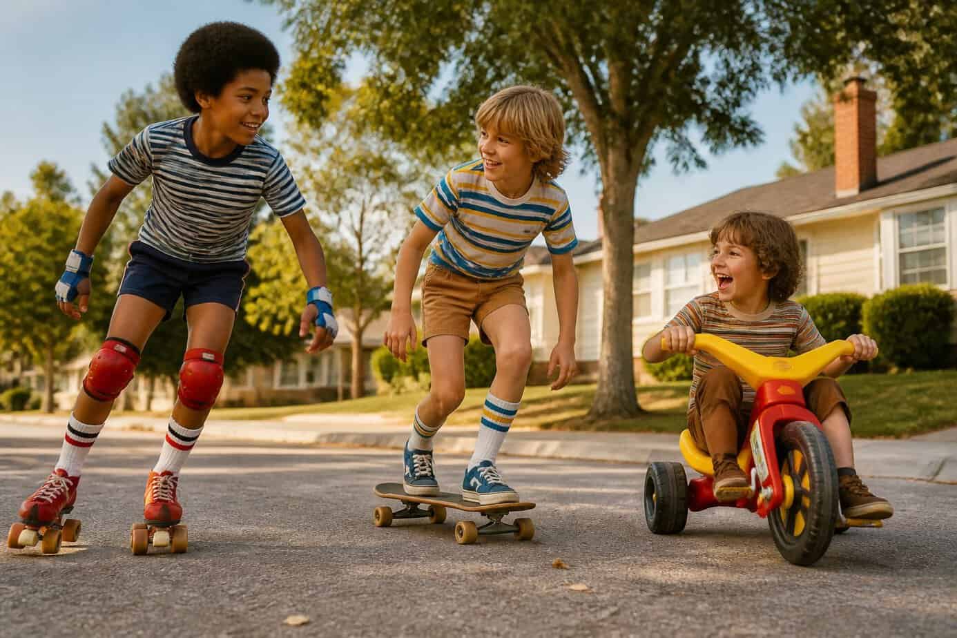 Children enjoy roller skating, skateboarding, and riding a Big Wheel together on a sunny neighborhood street.