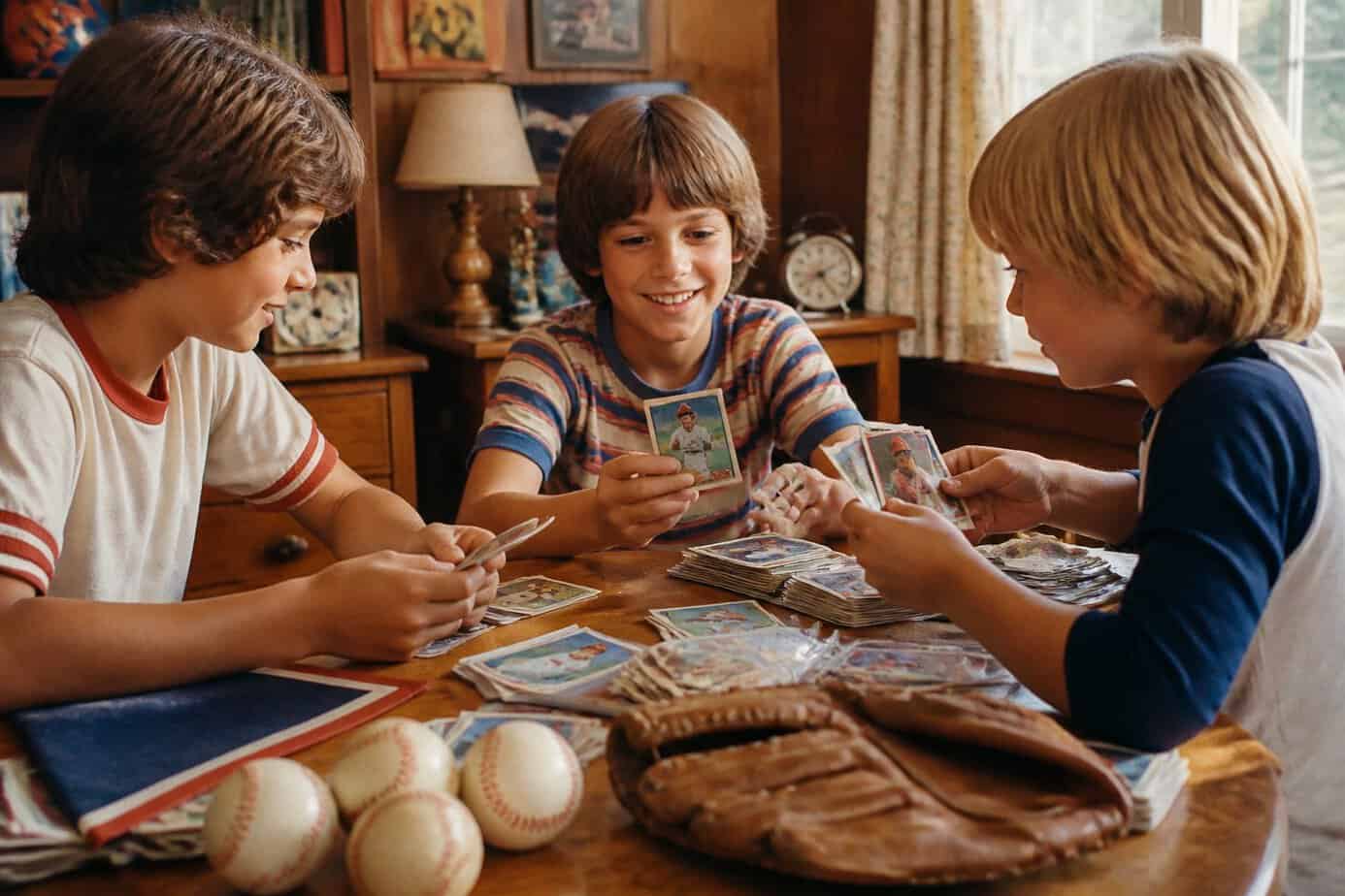 Children trade baseball cards and organize sports memorabilia around a table.