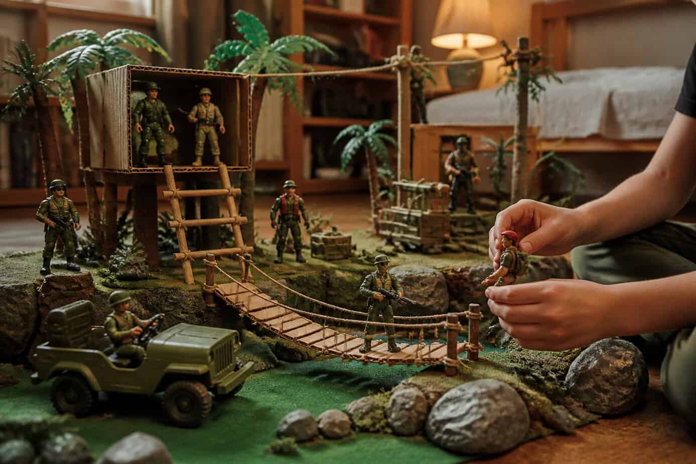 A child arranges vintage military adventure figures in a detailed homemade jungle rescue play scene.