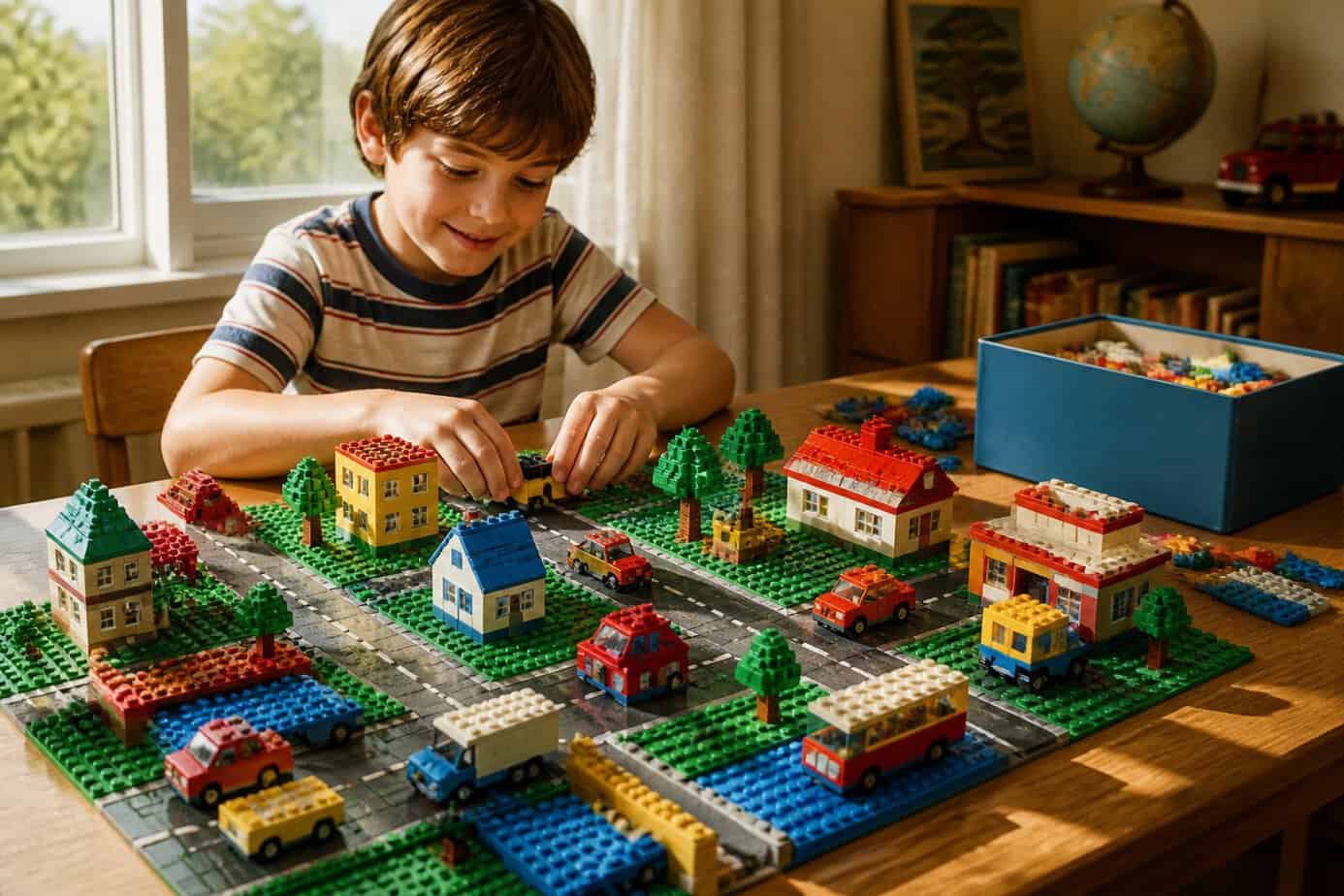 A child builds a colorful miniature town with houses, roads, and vehicles from interlocking bricks.