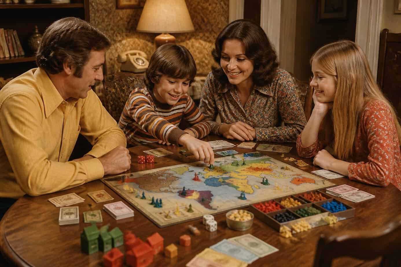 A family gathers around a table playing a board game in a cozy 1970s living room.