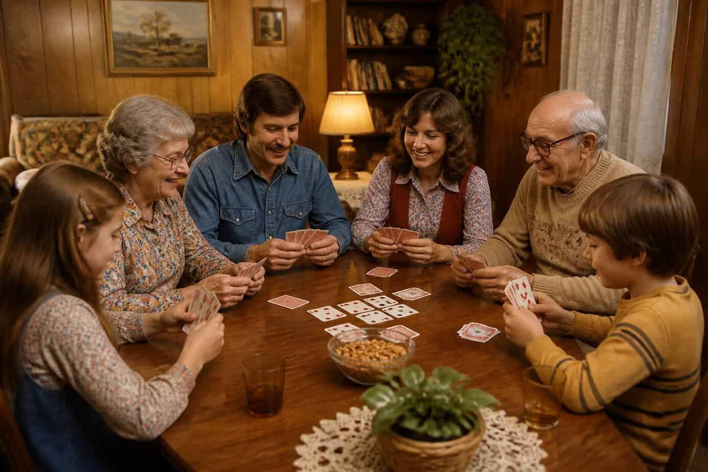 A multigenerational family gathers around a table to play cards in a warmly decorated living room.