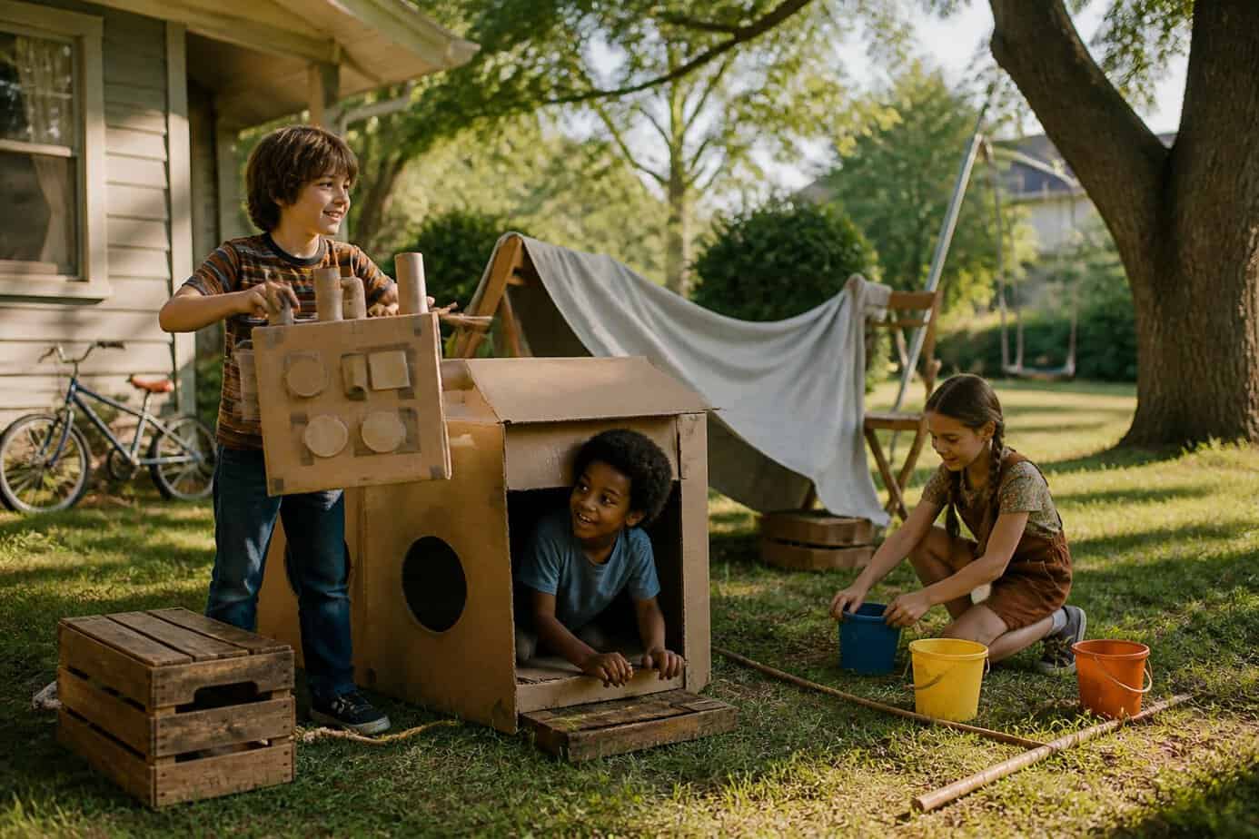 Children play an imaginative game using a cardboard fort and household objects in a sunny backyard.
