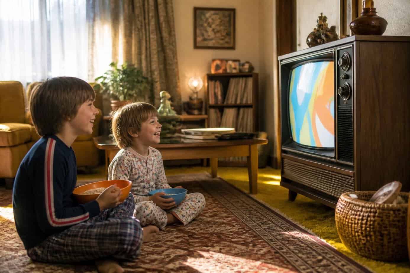 Two children enjoy cereal while watching cartoons on a vintage television in a cozy 1970s living room.