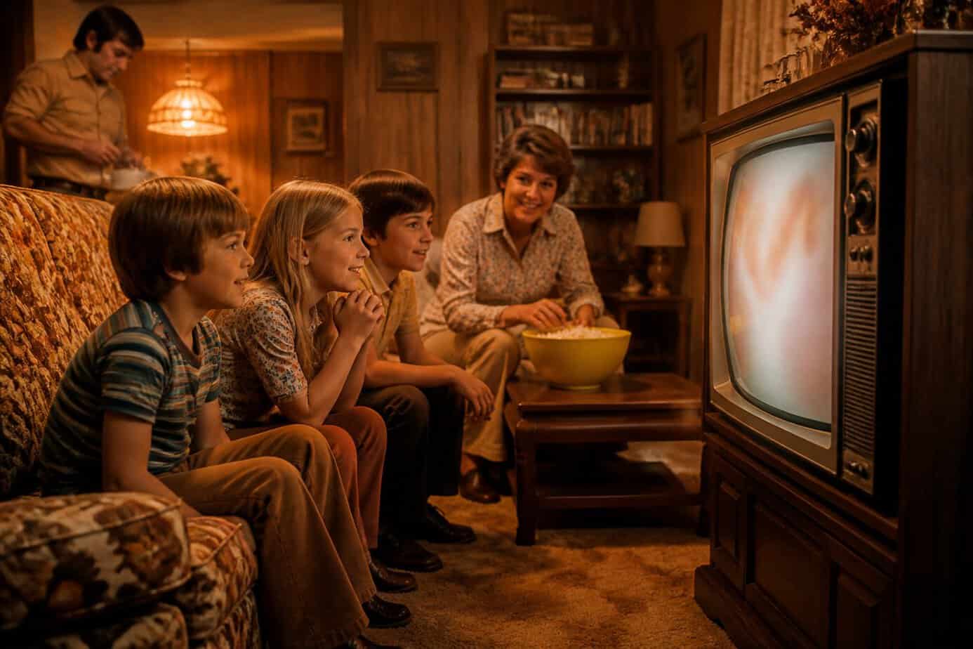 Children and a parent gather excitedly around a vintage television in a 1970s living room.