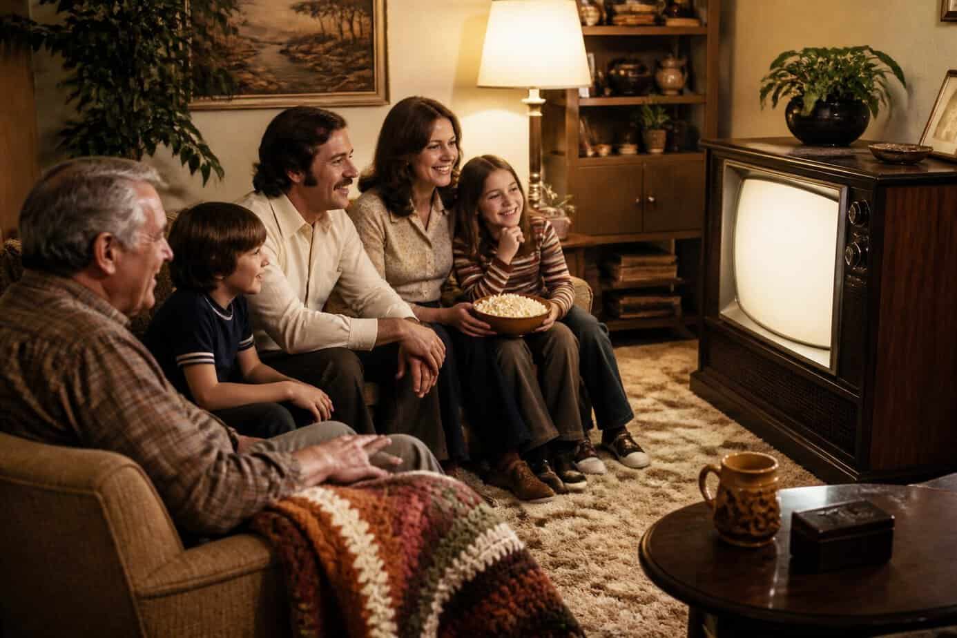 A family gathers closely in a 1970s living room to watch one shared television.