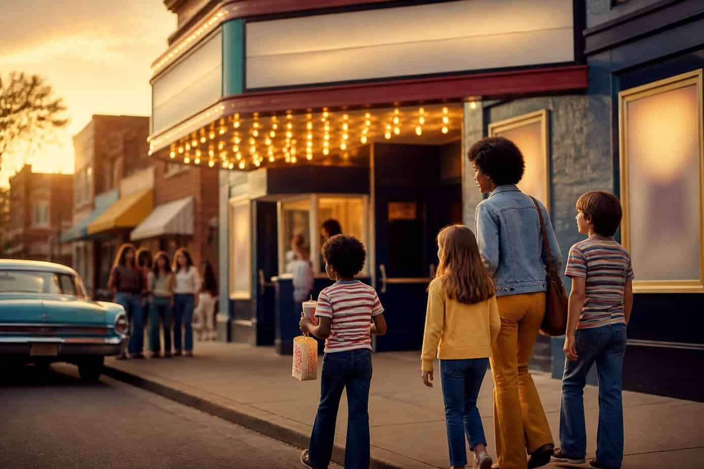 Children arrive at a neighborhood movie theater with an adult for an evening double feature.