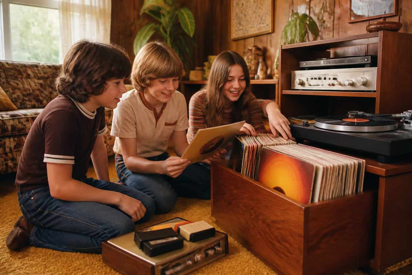 Children browse vinyl records and eight-track tapes in a warm 1970s living room.